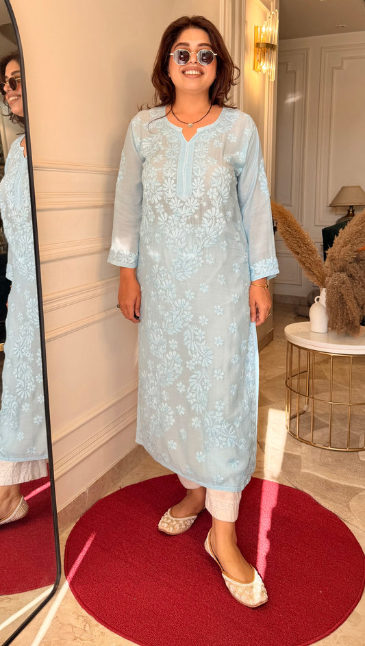 Chikankari Kurta set | Mul Chanderi | Sky Blue