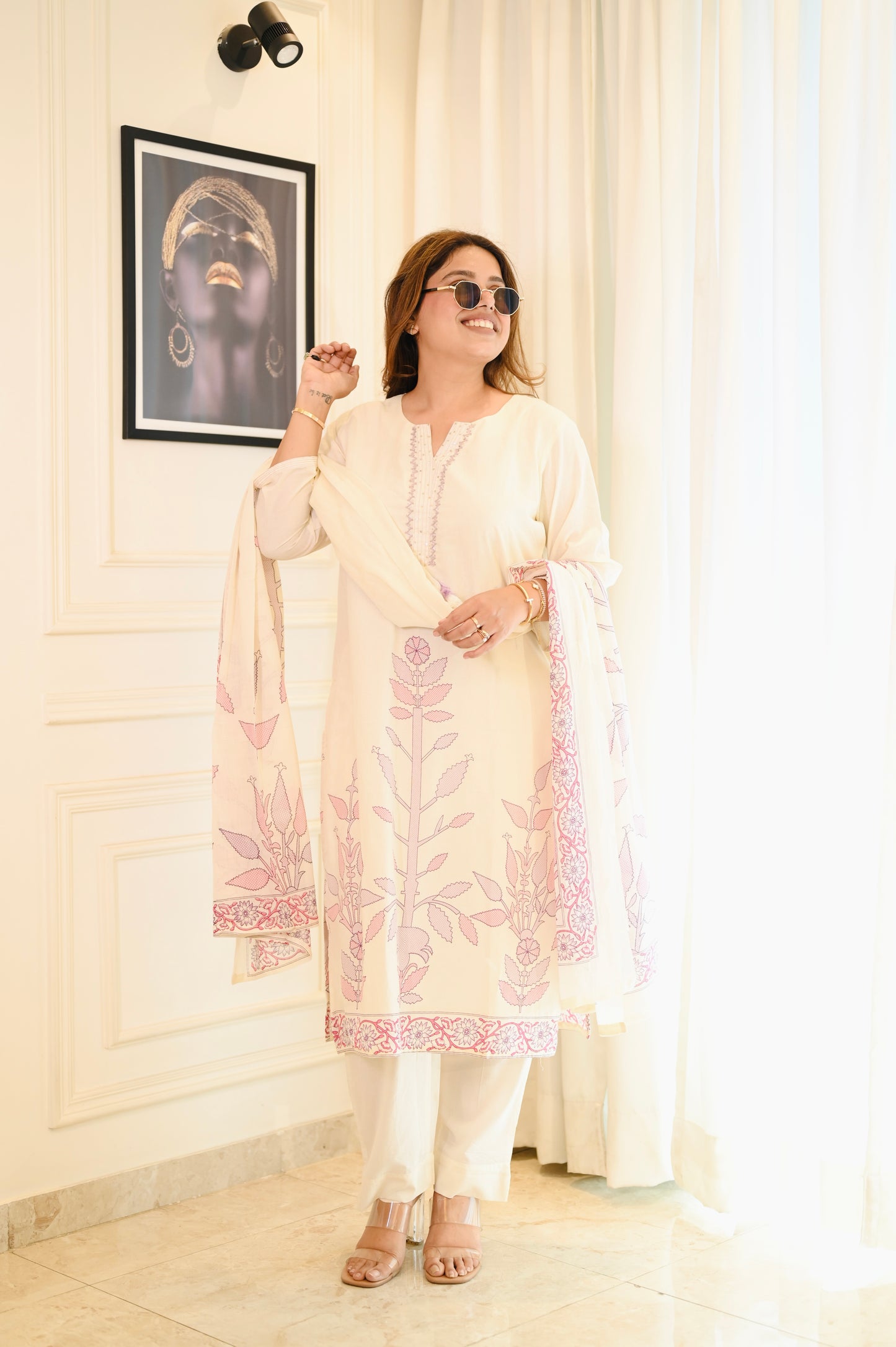 Elegant Off-White & Pink Cotton Kurta Set with Dupatta