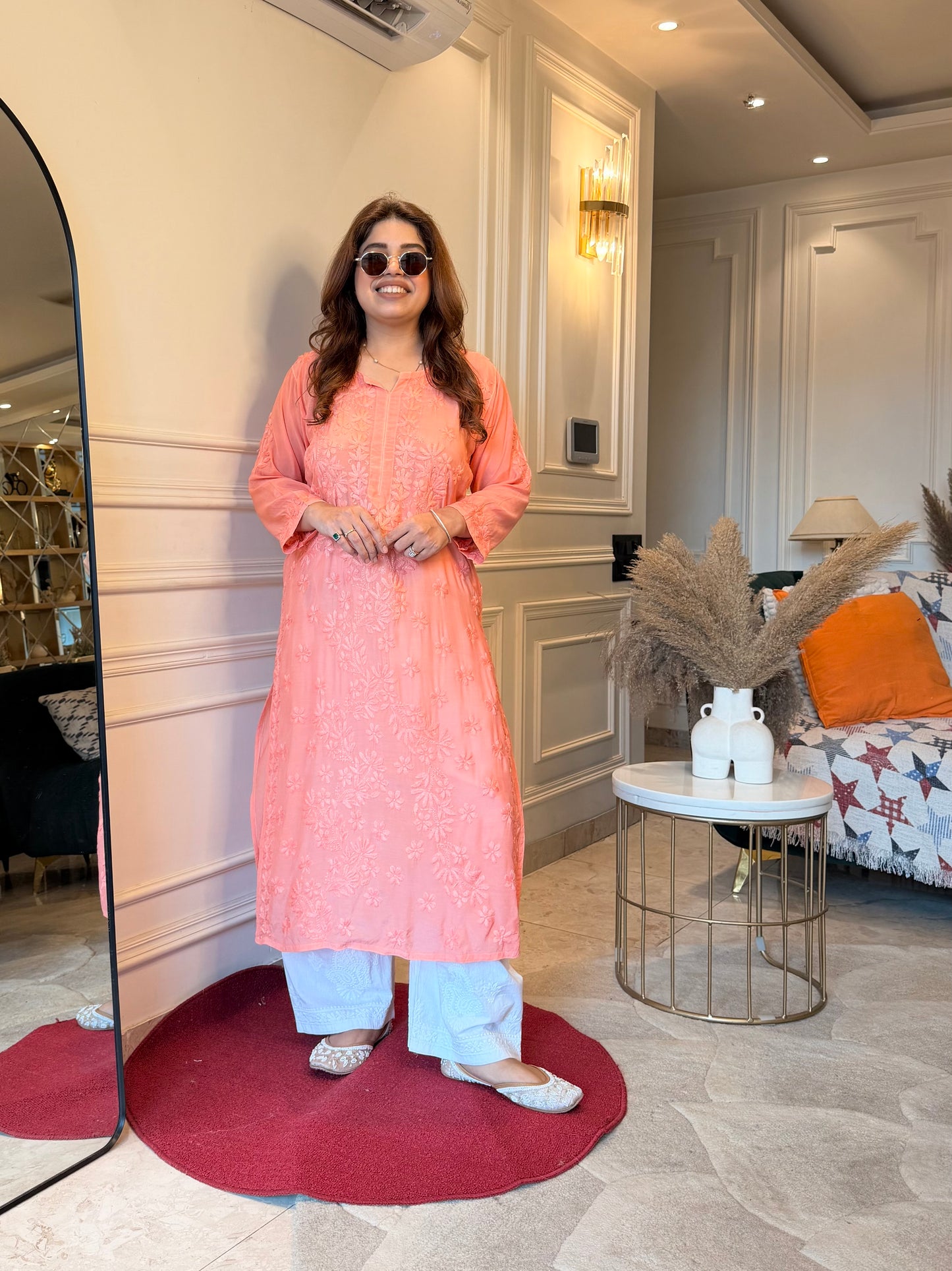 Hand Embroidered Chikankari Kurta set | Mul Chanderi | Rust Orange
