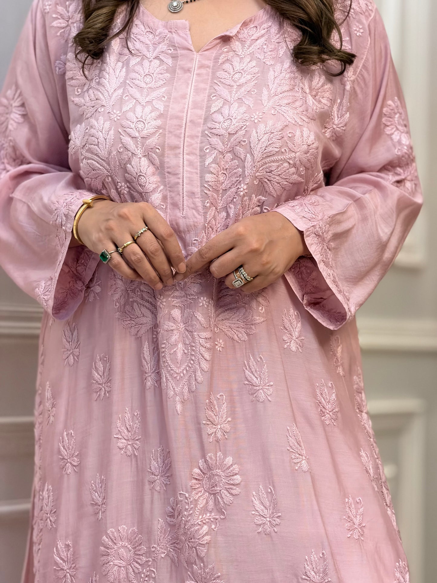 Hand Embroidered Chikankari Kurta | Premium Mul Chanderi | Mauve