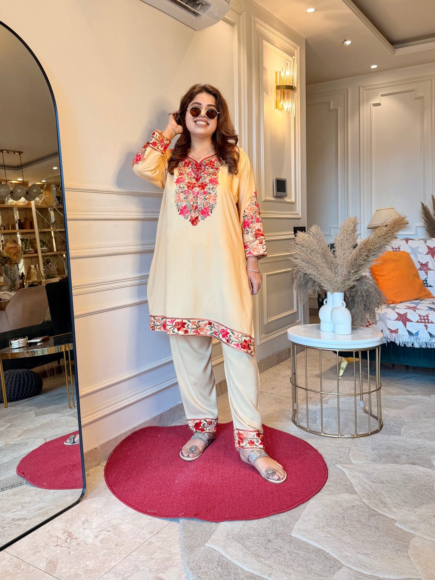 Cotton Kashmiri Emberoried Cordset-Ivory