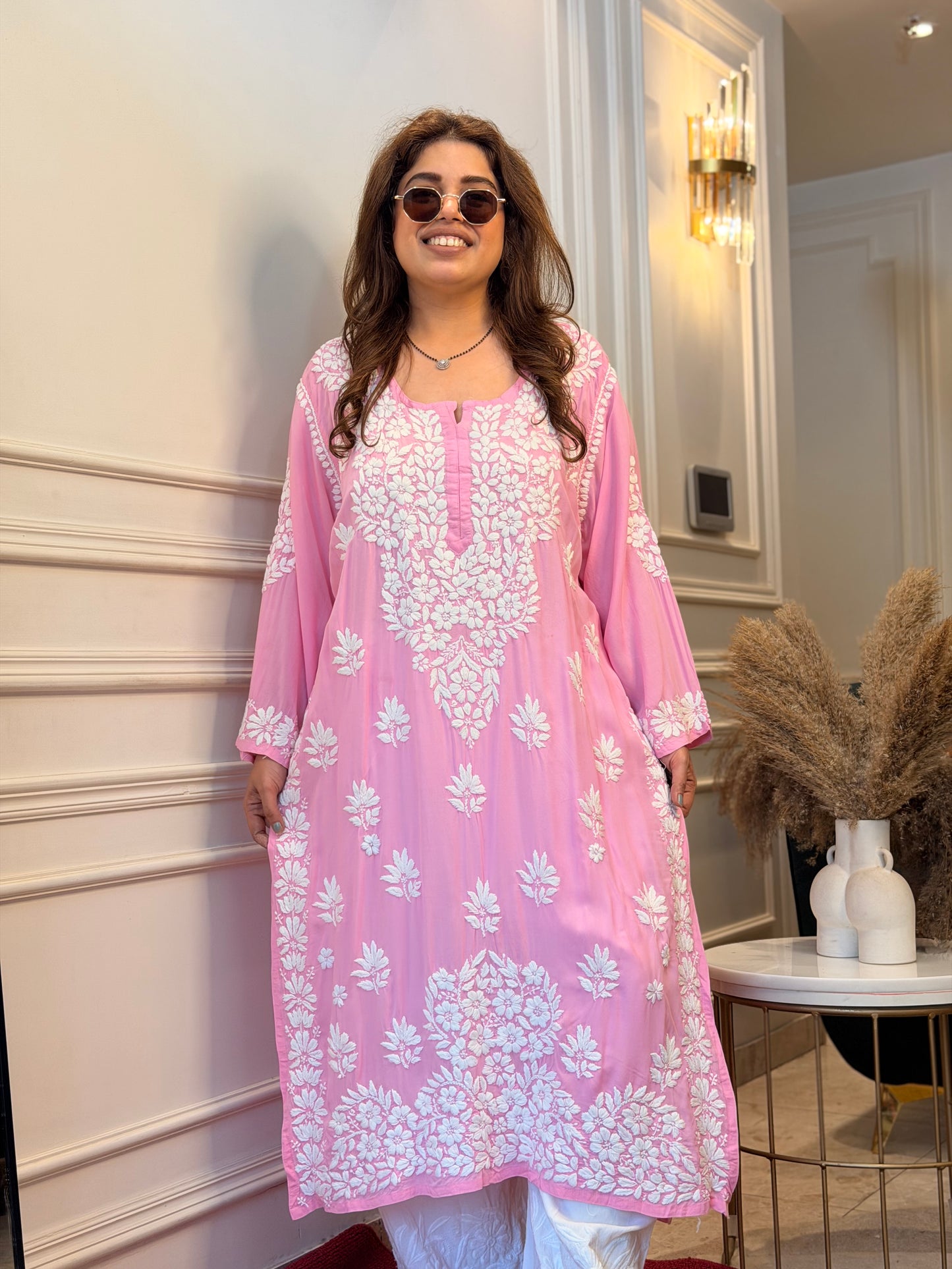 Hand Embroidered 6D Chikankari Kurta | Modal | Pink