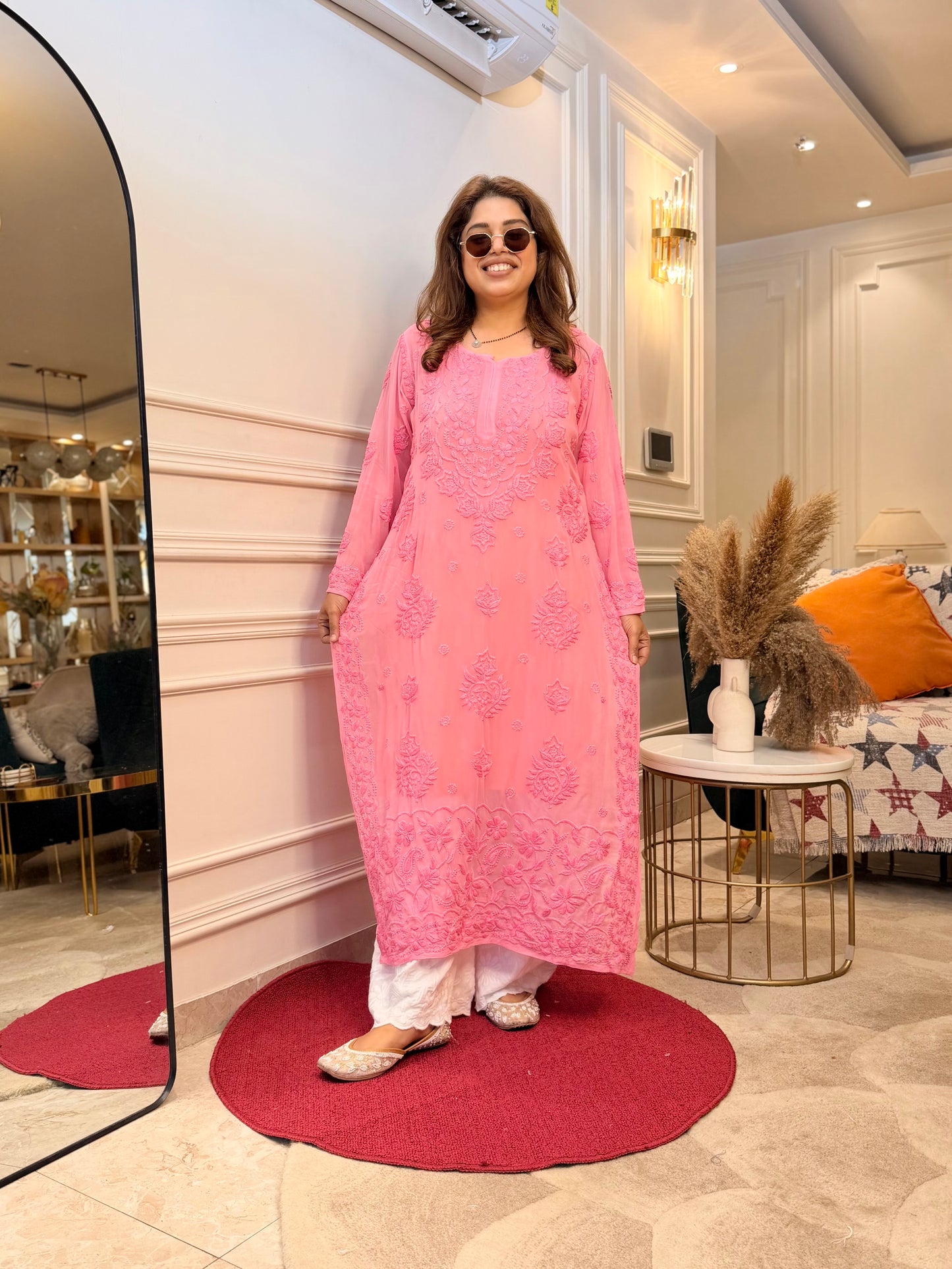 Hand Embroidered 6D Chikankari Kurta | Premium Viscose | Pink