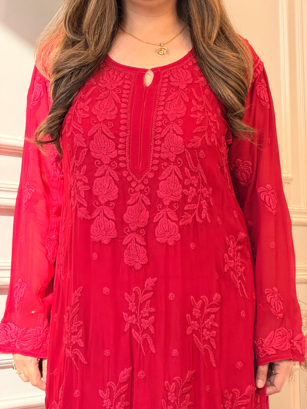 Hand Embroidered 3DChikankari Kurta | Viscose | Cherry Red