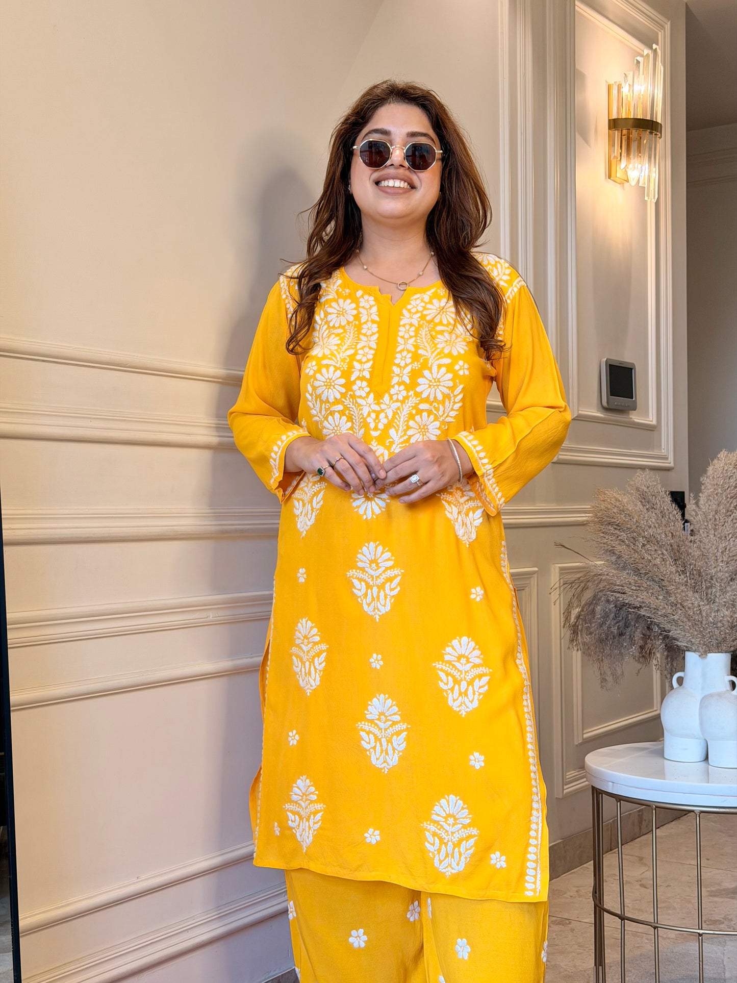 Hand Embroidered Chikankari Kurta set | Modal | Yellow