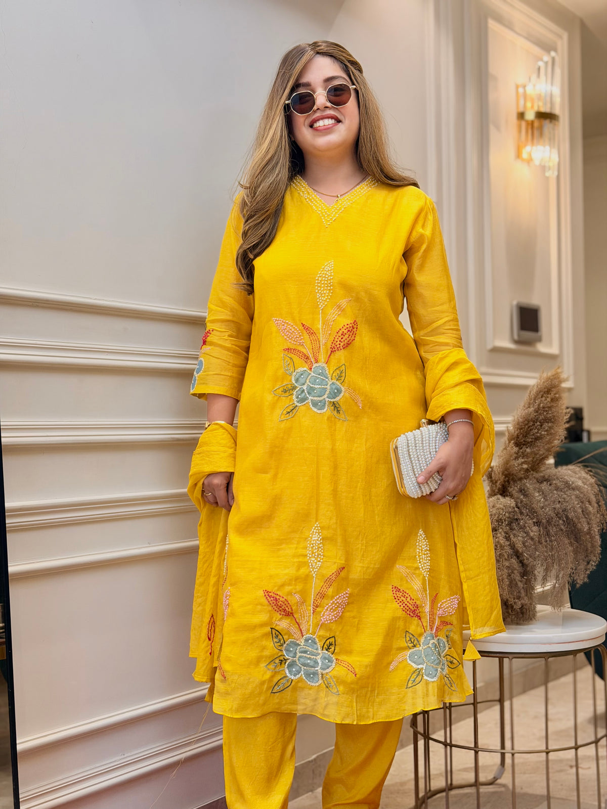 Exclusive Mul Chanderi 3Piece A line kurta set | Mustard
