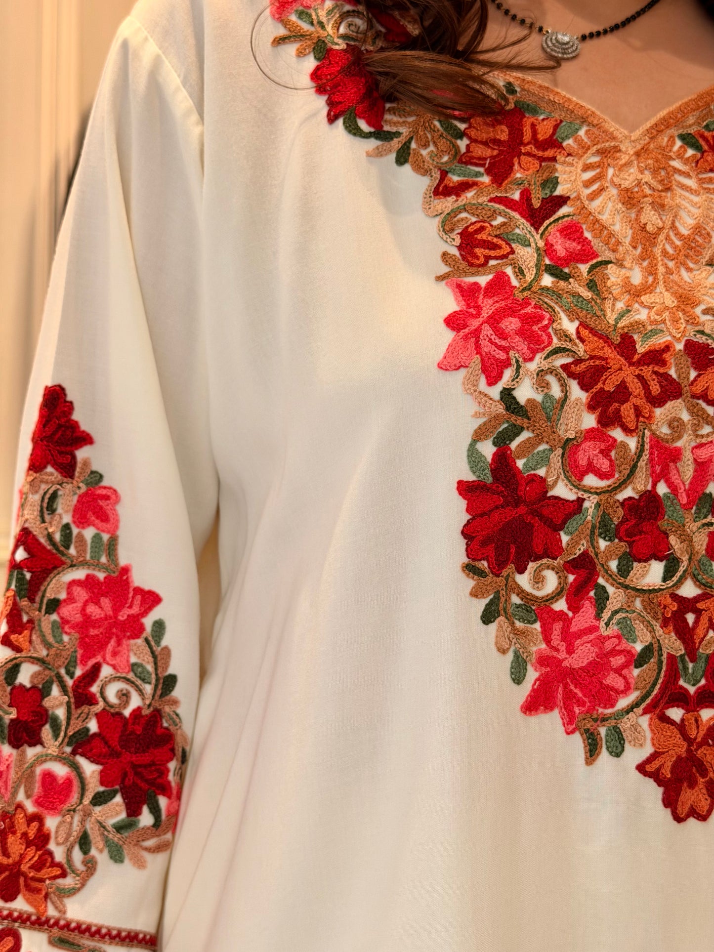 Cotton Kashmiri Emberoried Cordset- Cream Colour