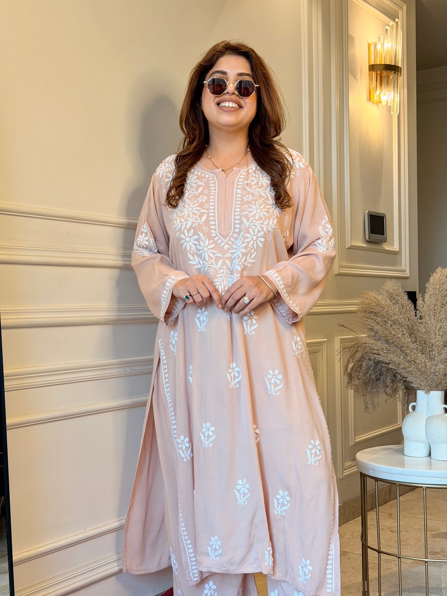 Hand Embroidered Chikankari Kurta set | Modal | Nude Beige
