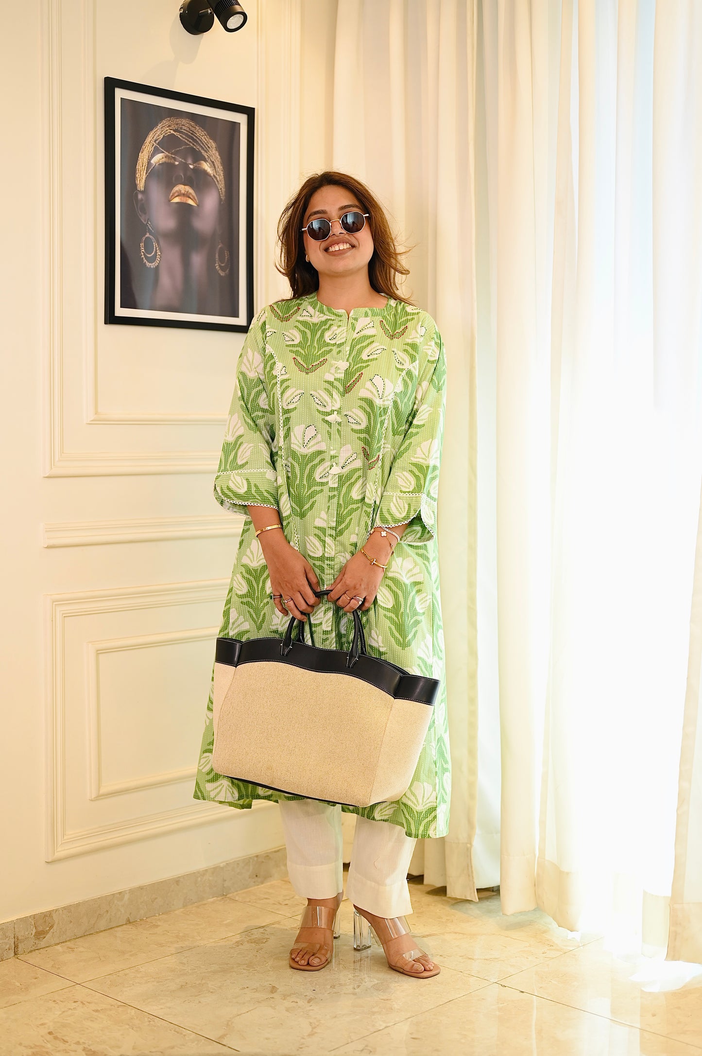 Plus Size Refreshing Green Printed Cotton Kurta Set with Lace Detailing