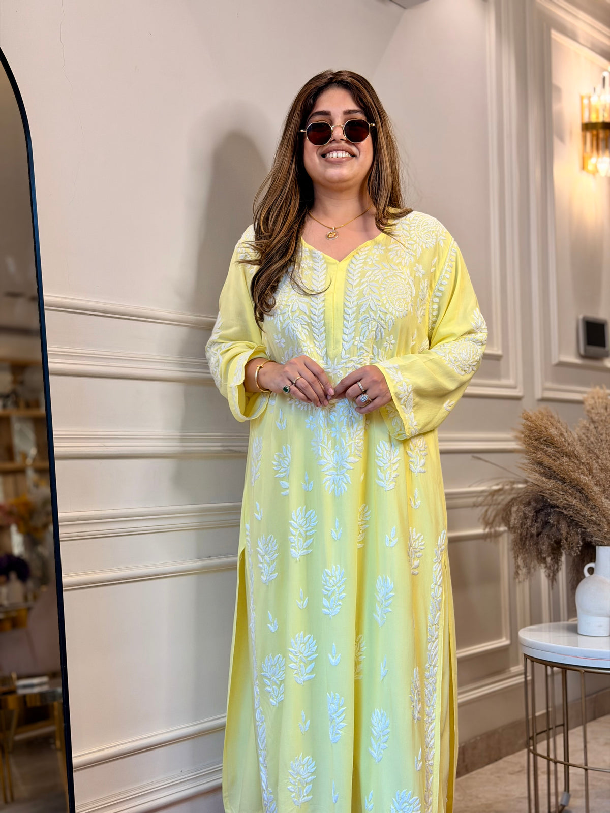 3d Hand Embroidered Chikankari Kurta set | Premium Modal | Lemon Yellow