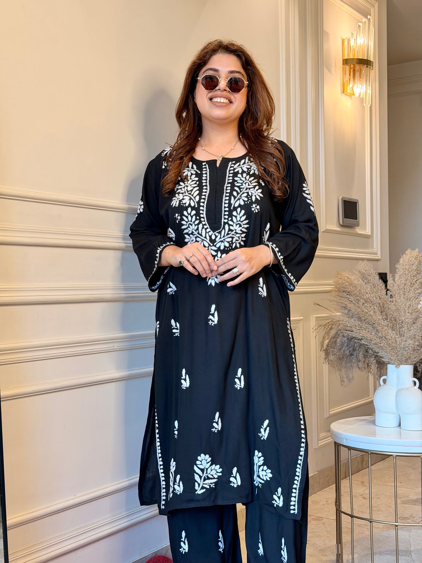 Hand Embroidered Chikankari Kurta set | Modal | Black