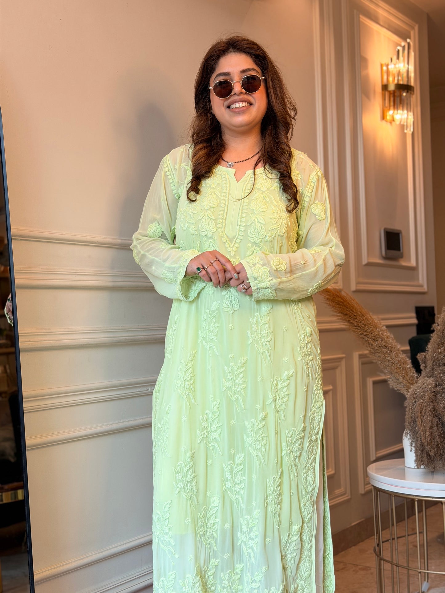 Hand Embroidered 3DChikankari Kurta | Viscose | Pista Green