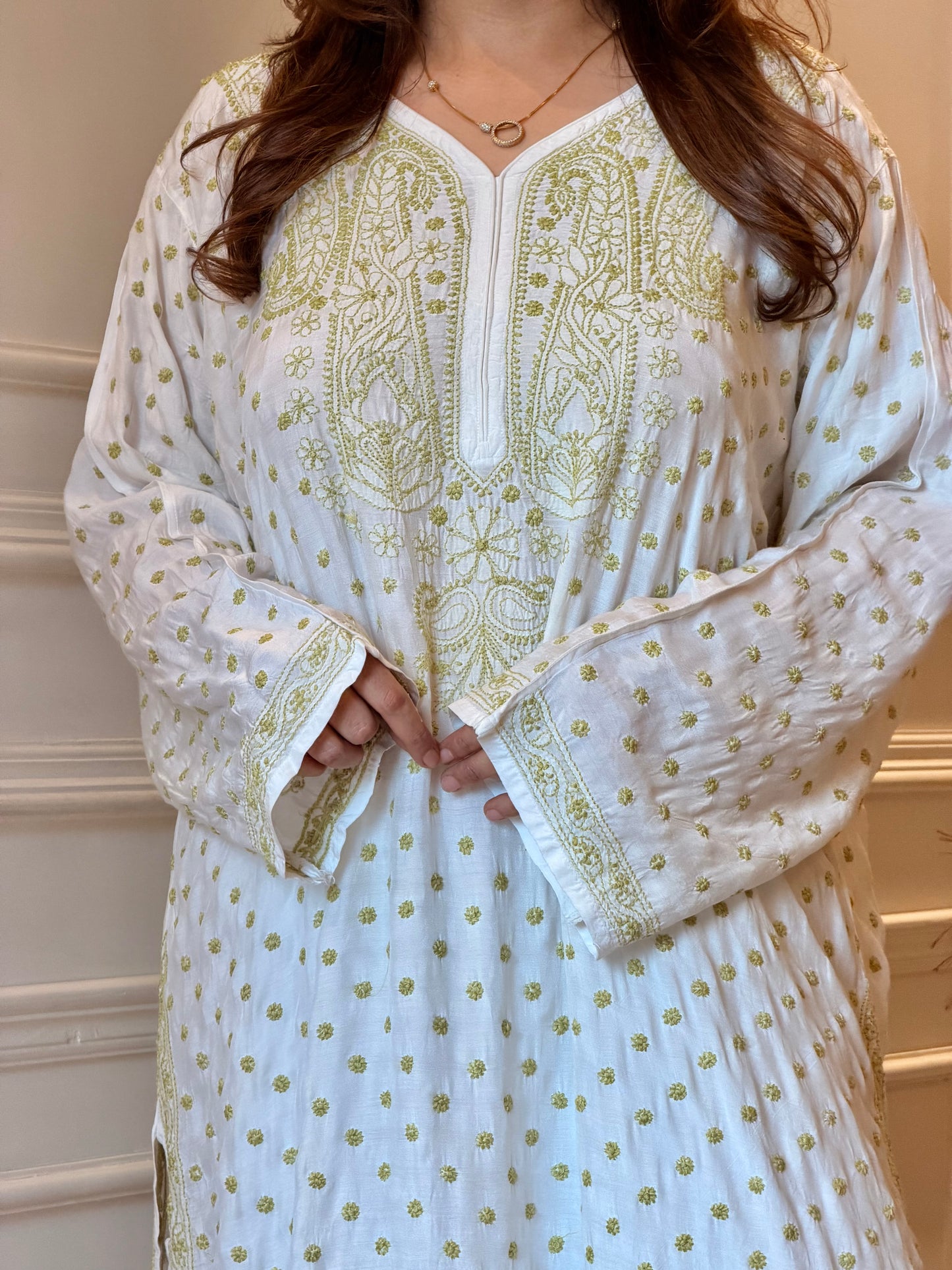 Hand Embroidered Chikankari Kurta | Mul Chanderi | white with Olive Green| Plus Size