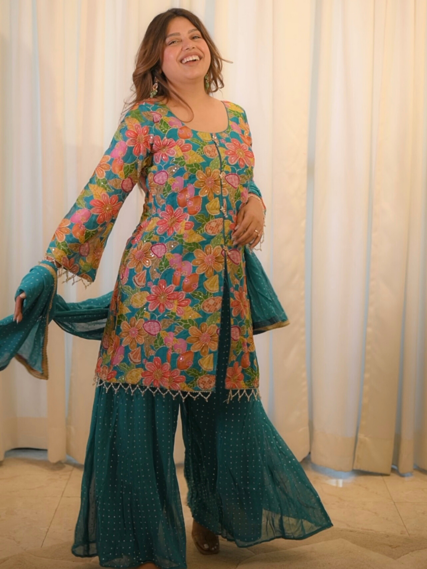 Teal Floral Embroidered Kurta Sharara Set with Dupatta