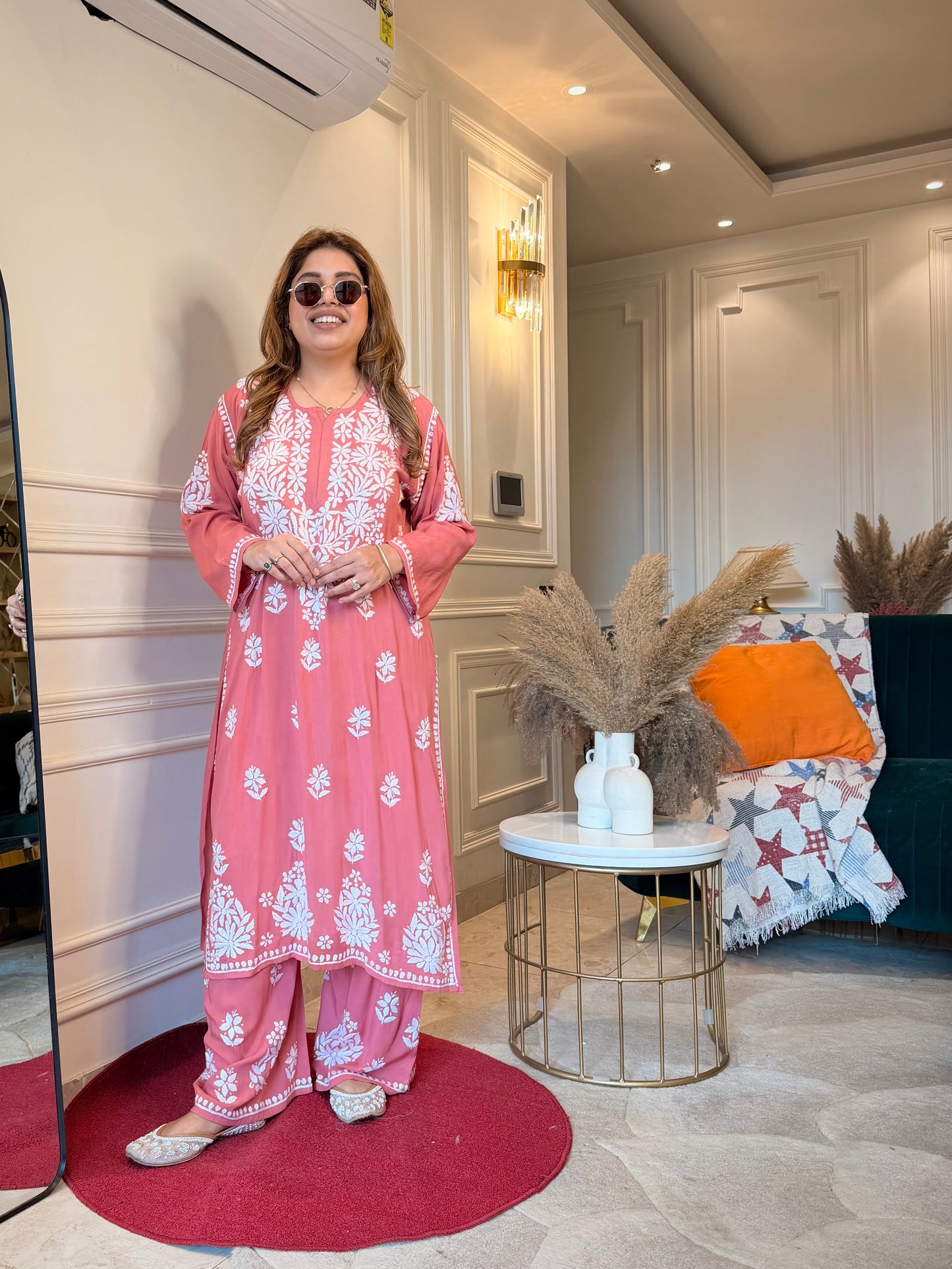 Hand Embroidered Chikankari Kurta set | Modal cotton | Rose Coral