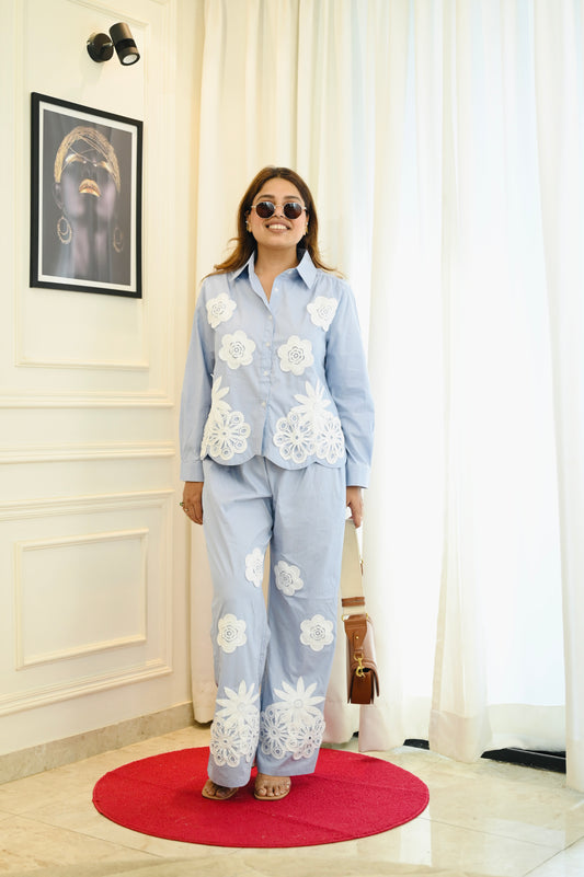 Floral Whisper Sky-blue Co-ord Set| Free size upto XXL
