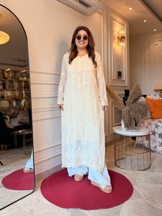 Hand Embroidered 3DChikankari Kurta | Viscose | Ivory