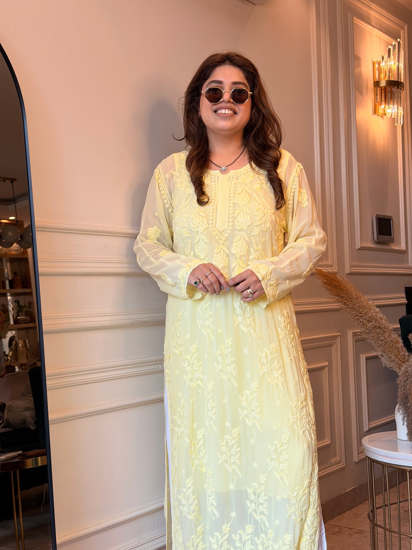 Hand Embroidered 3DChikankari Kurta | Viscose | Butter Yellow