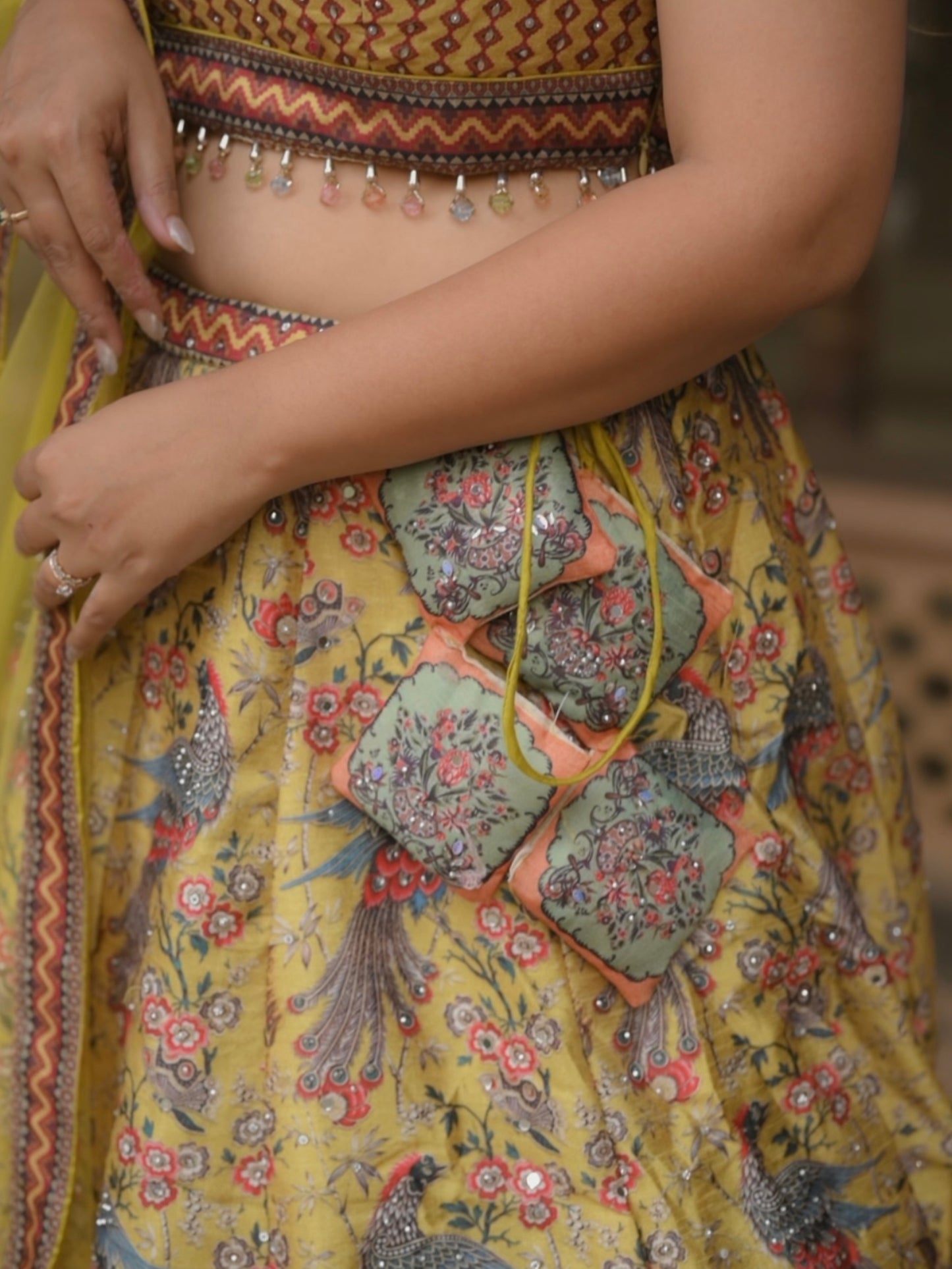 Royal Mustard Peacock Print Lehenga Set