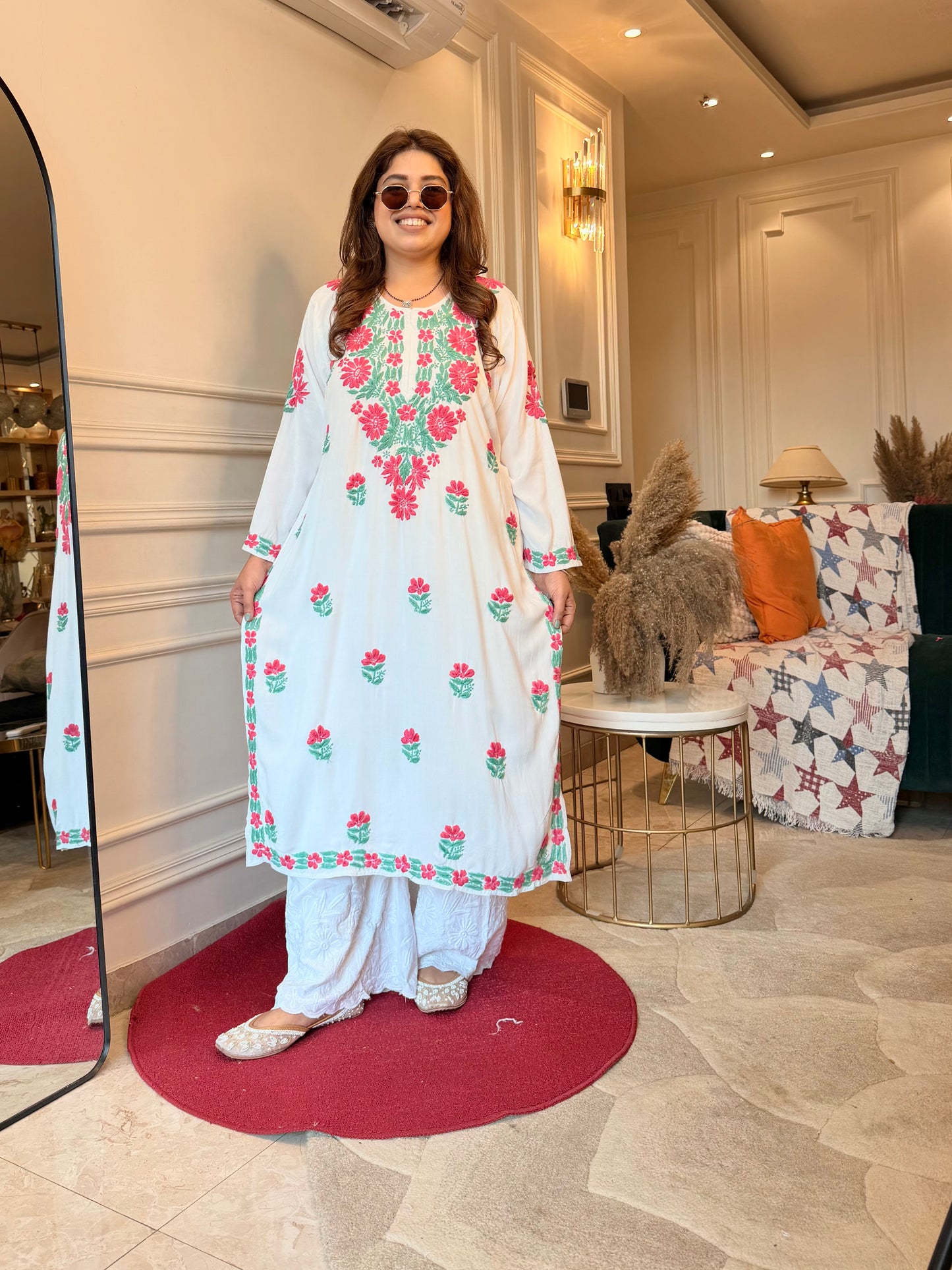 Hand embroidered Chikankari Kurta | Premium Cotton | White with Pink & Green