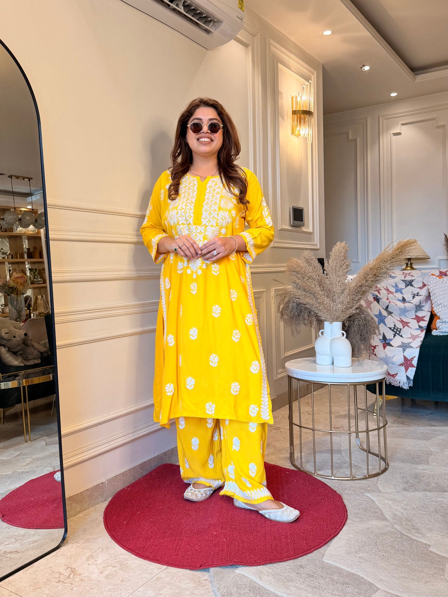 Hand Embroidered Chikankari Kurta set | Modal | Bright Yellow