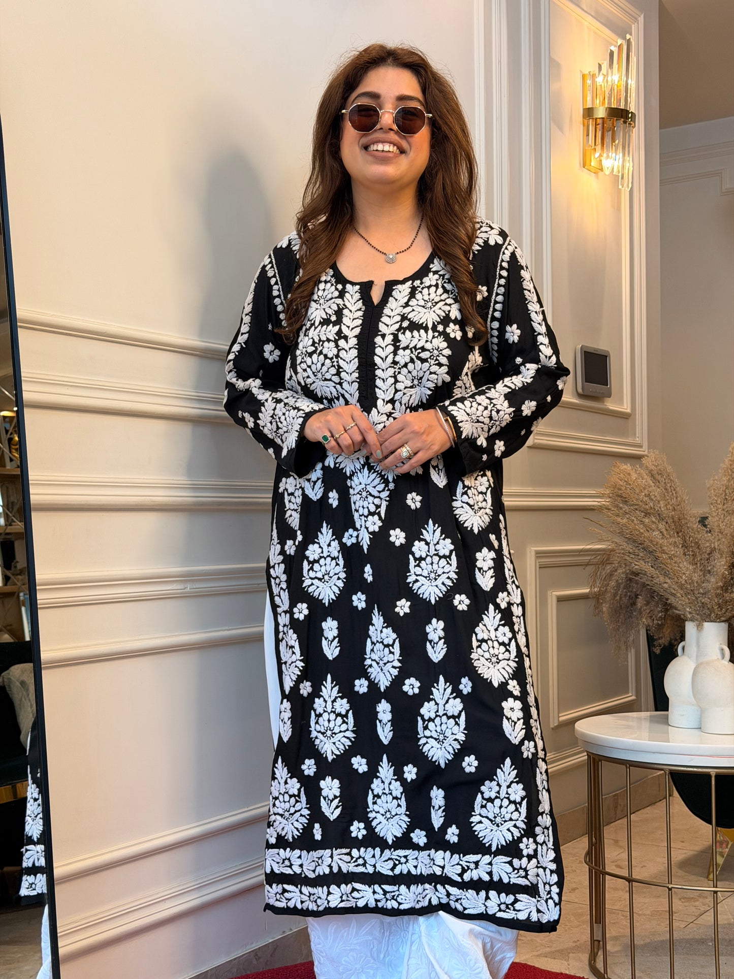Hand Embroidered 6D Chikankari Kurta | Modal | Black with White Chikankari