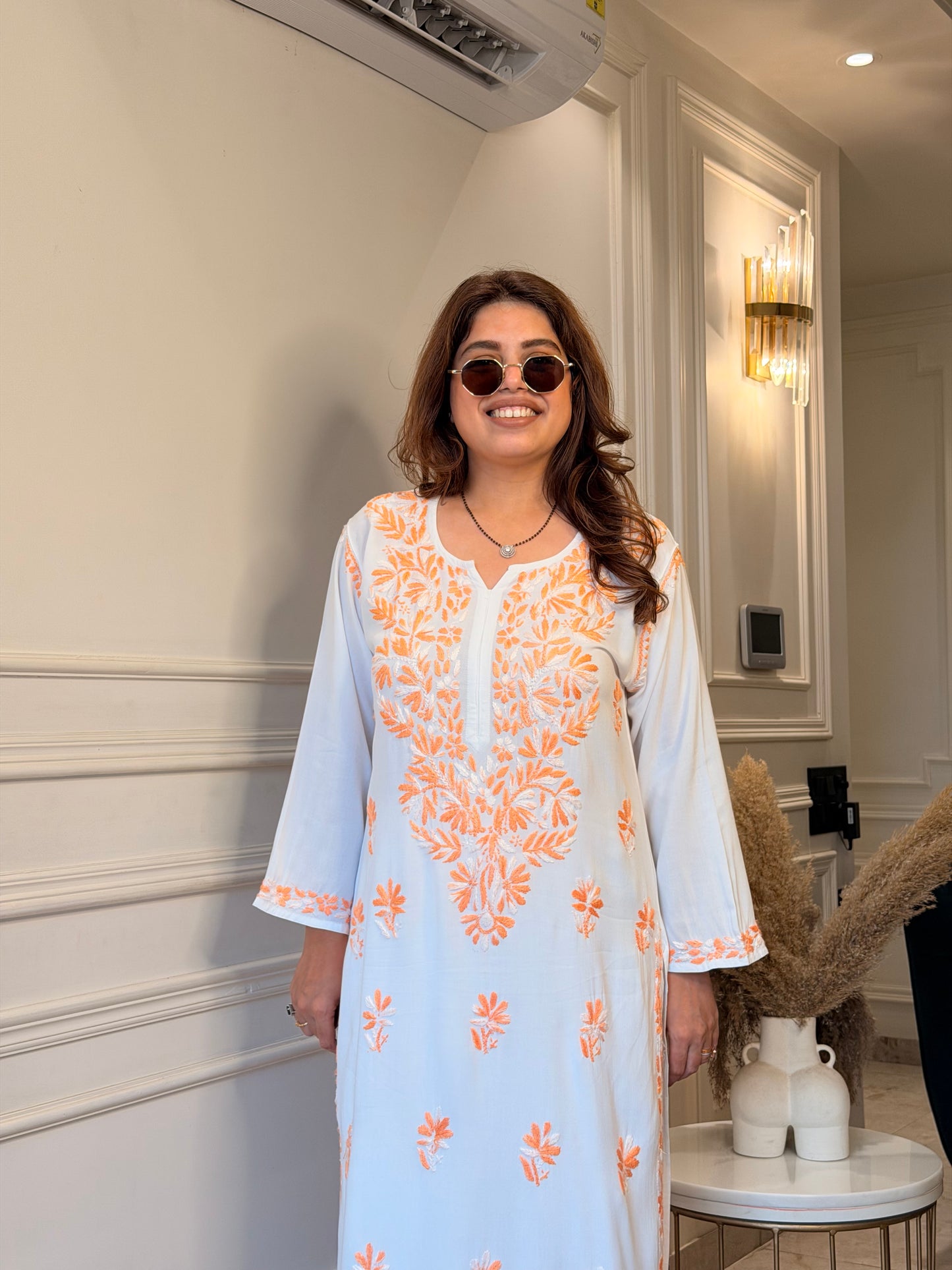 Hand Embroidered Chikankari Kurta Set - white with orange