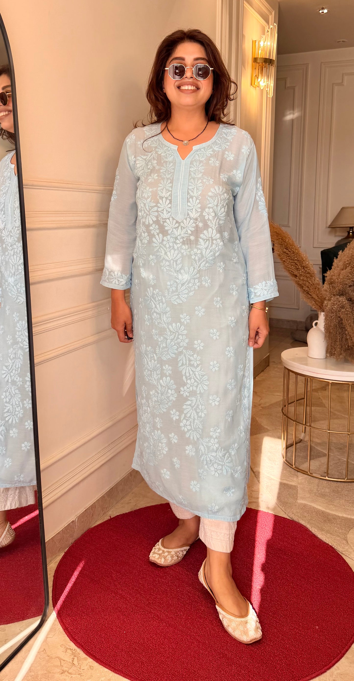 Pre Order | Chikankari Kurta set | Mul Chanderi | Sky Blue