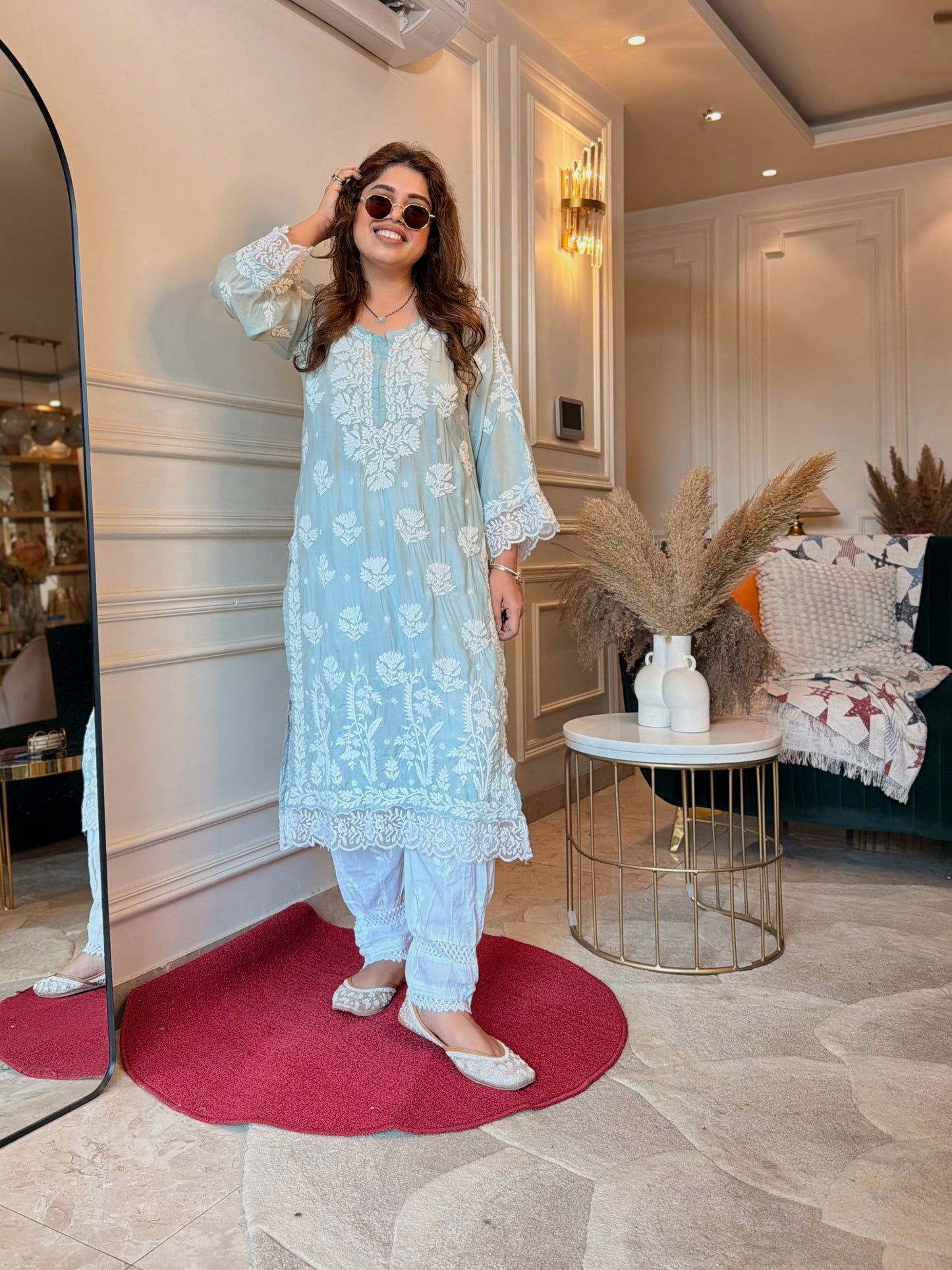 Hand embroidered 6D Chikankari Kurta | Mul Chanderi | Sage