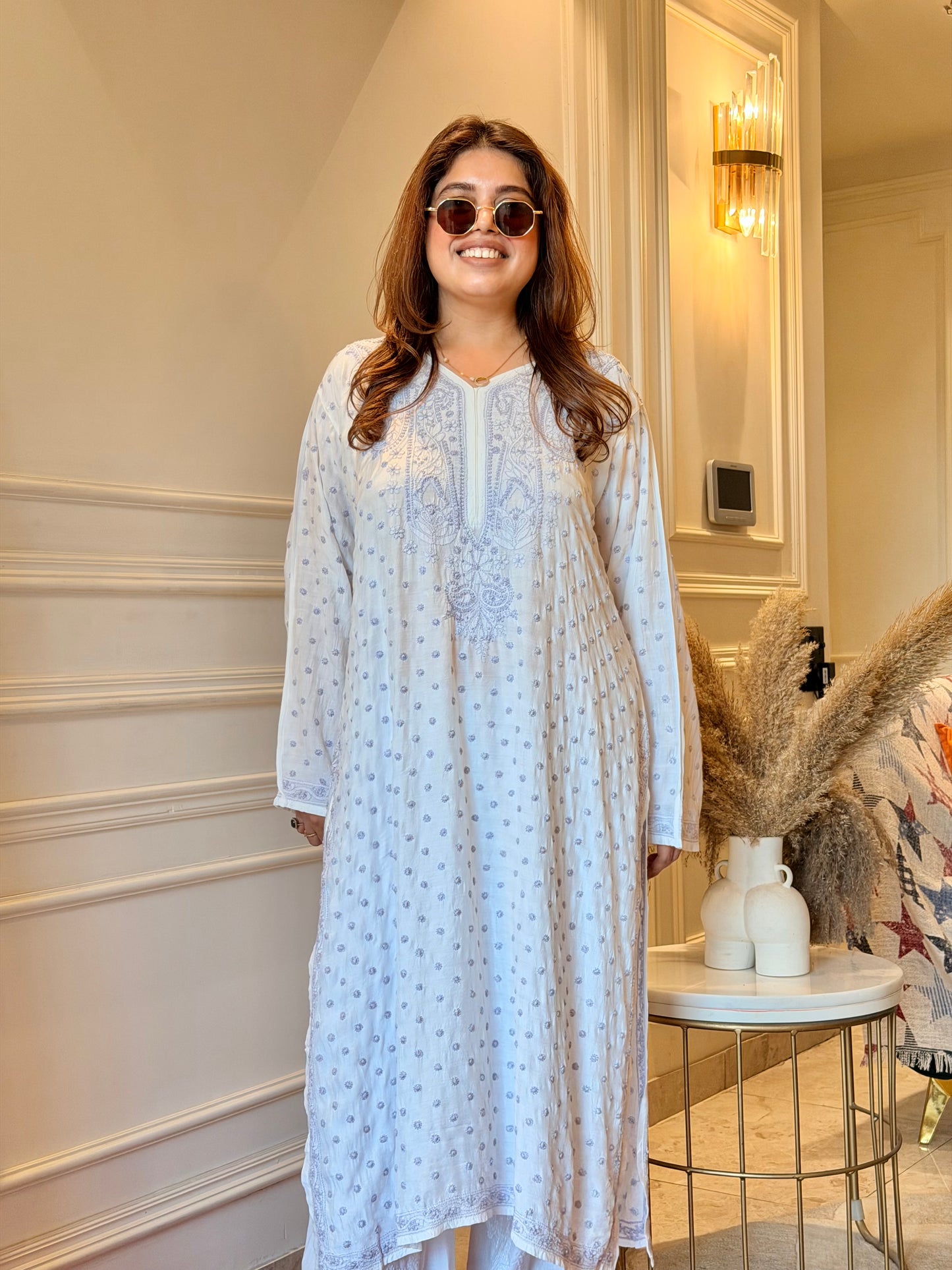 Hand Embroidered Chikankari Kurta | Mul Chanderi | white with Purple | Plus Size