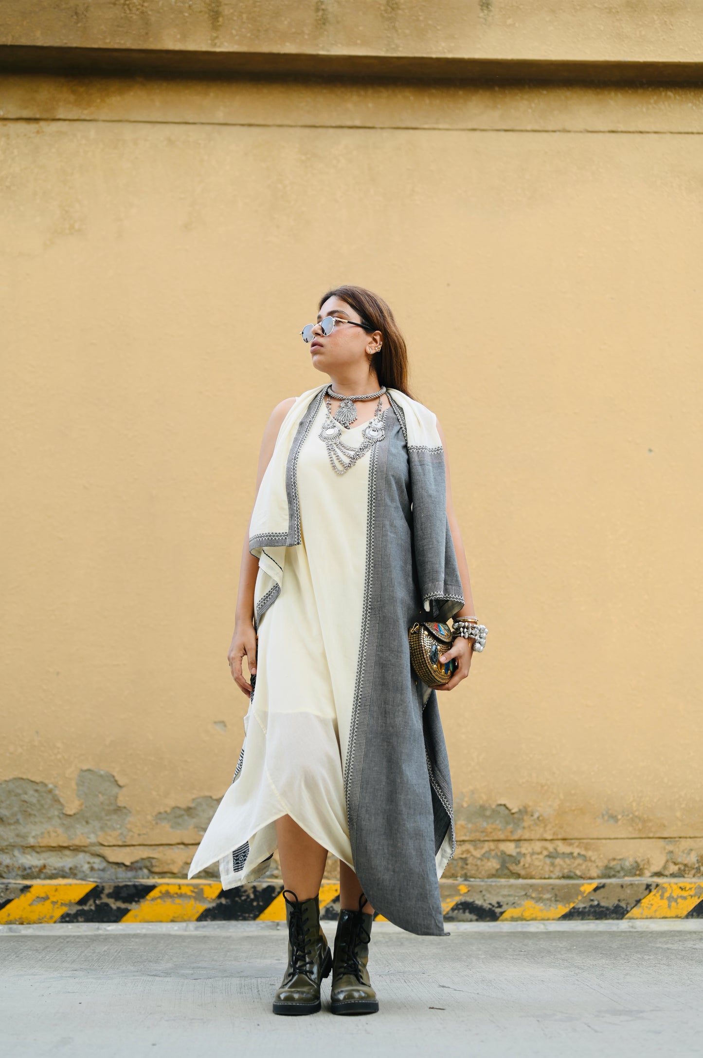 Premium Ivory Asymmetric Flowy Dress with Dual-Tone Ethnic Overlay