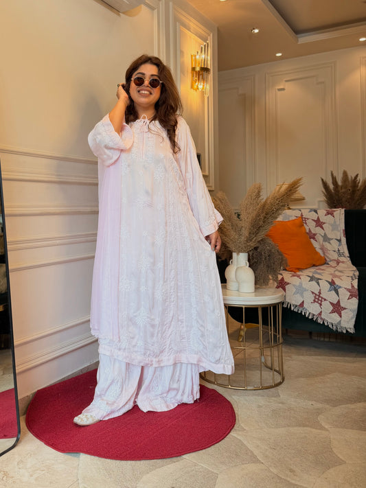 Hand Embroidered 3D Chikankari 3 Piece Kurta set | Modal Satin Silk | Baby Pink