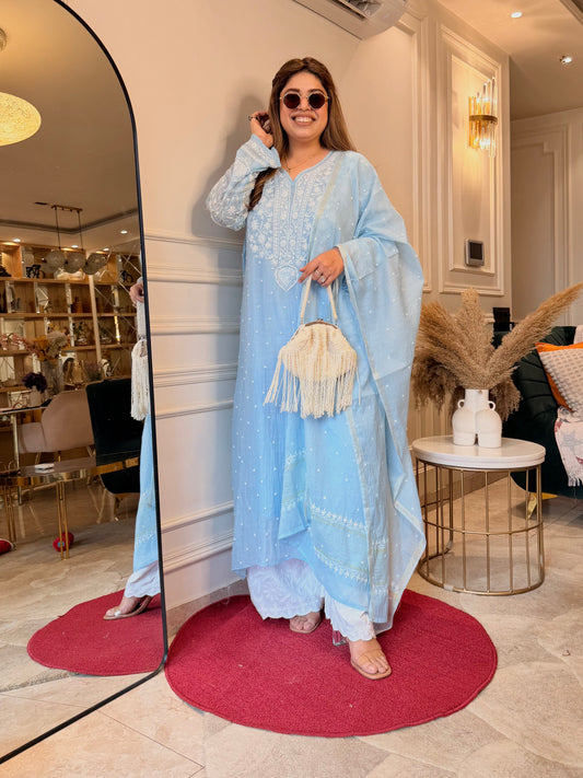 Premium Hand Embroidered Chikankari Kurta & Duppta | Mul Chanderi | Powder Blue