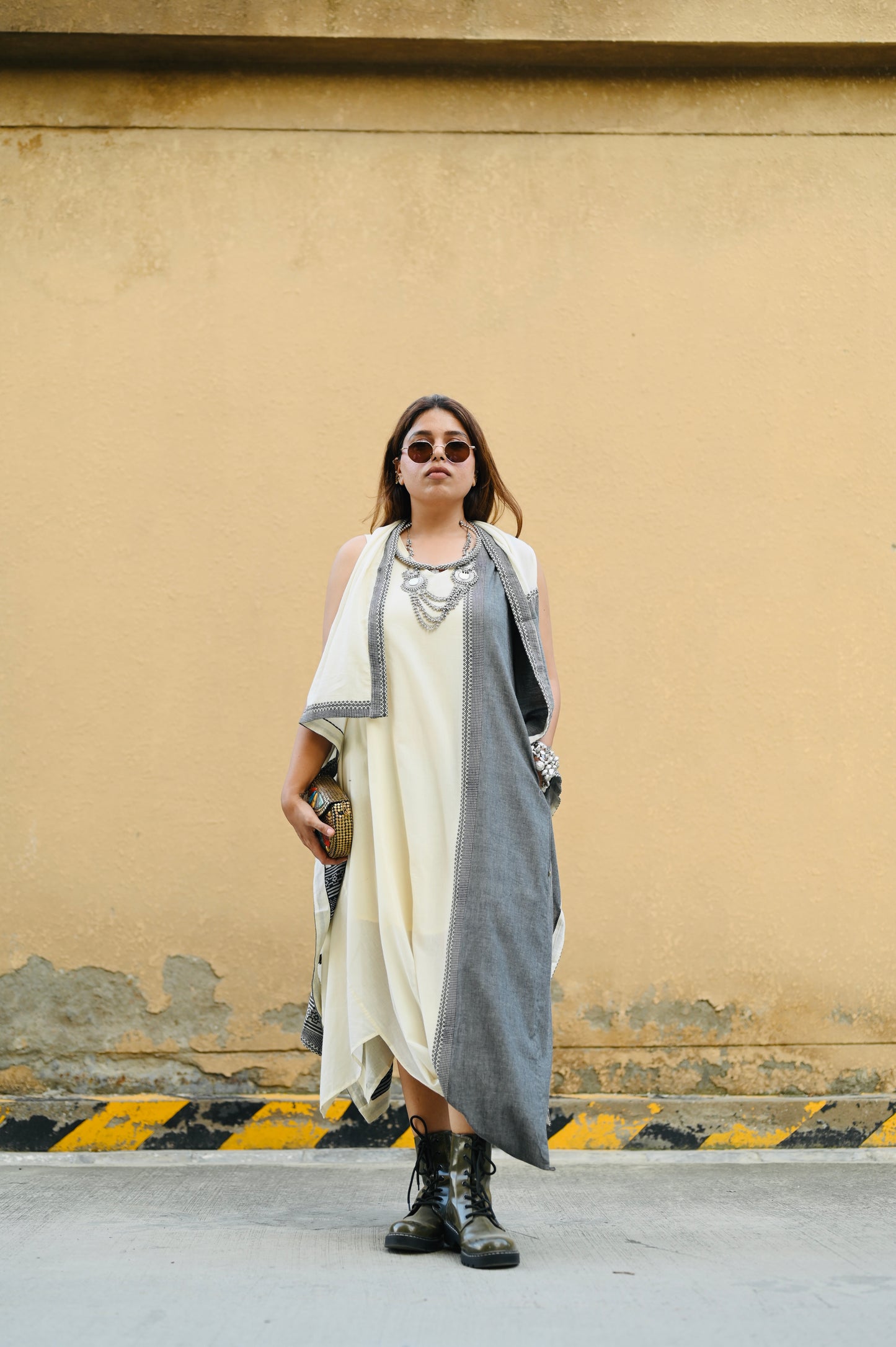 Premium Ivory Asymmetric Flowy Dress with Dual-Tone Ethnic Overlay