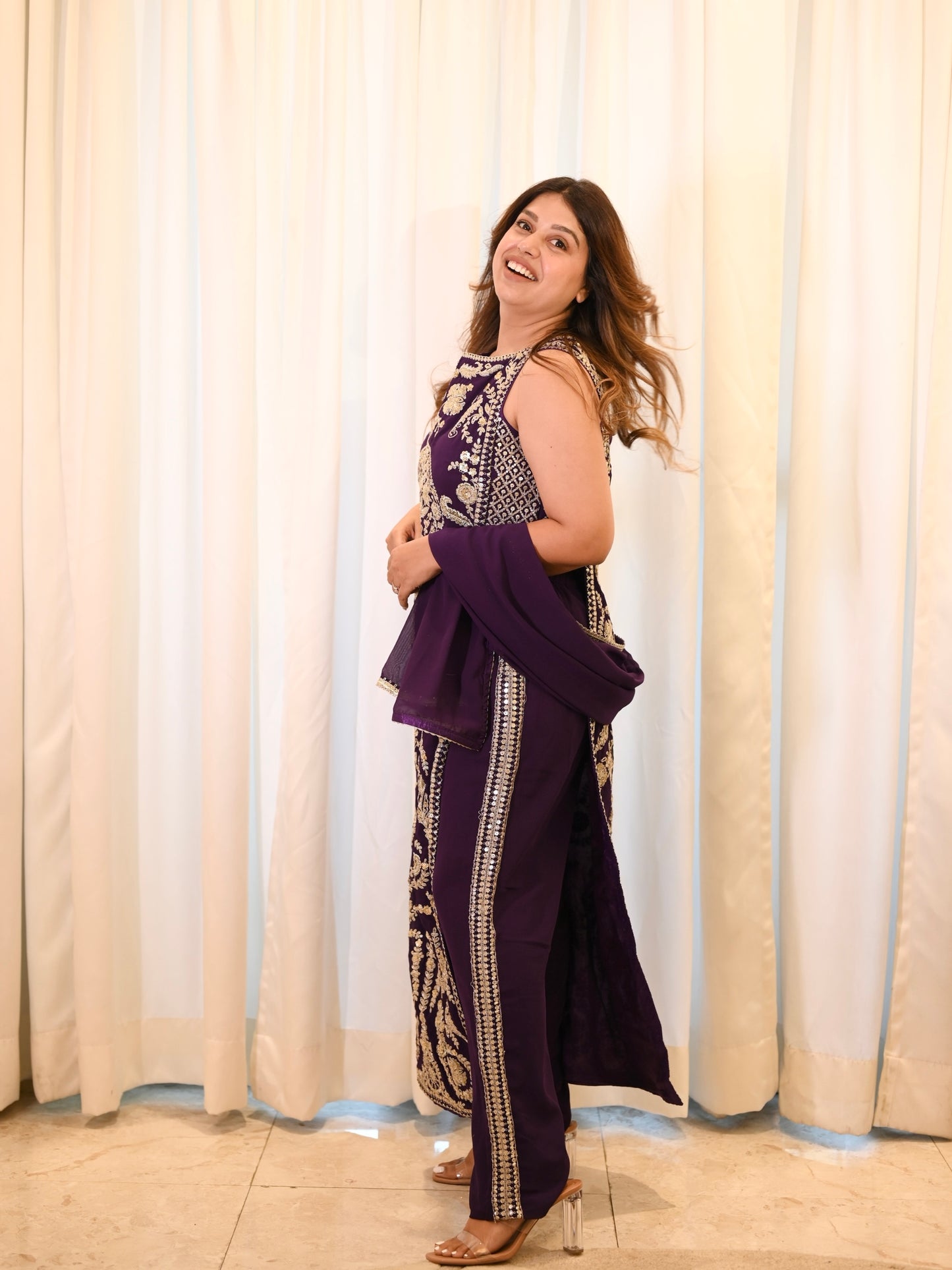 Royal Purple Hand-Embroidered Straight Co Ord Set– Festive & Wedding