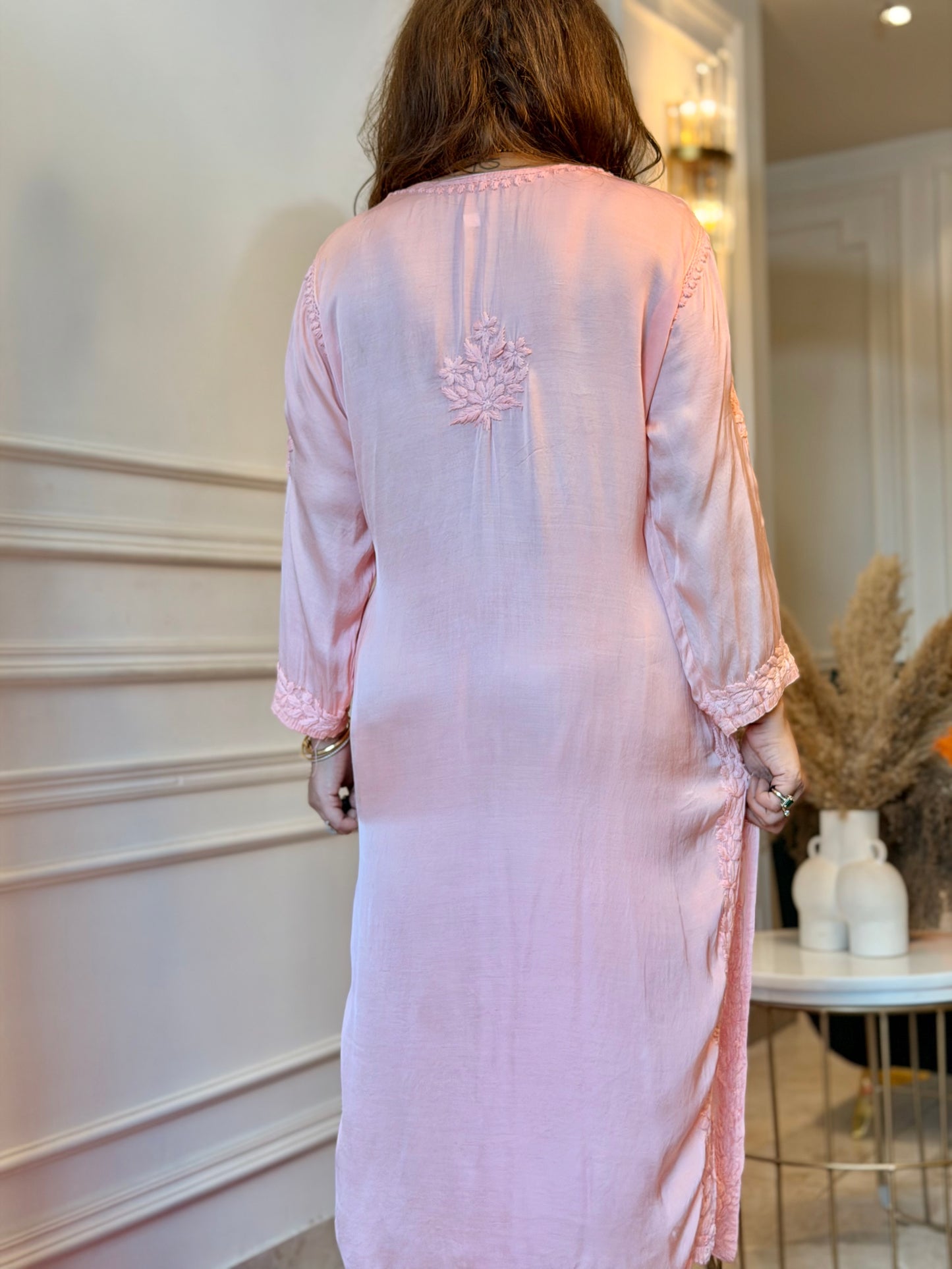 Hand Embroidered Chikankari Kurta set | Modal Satin Silk | Peach