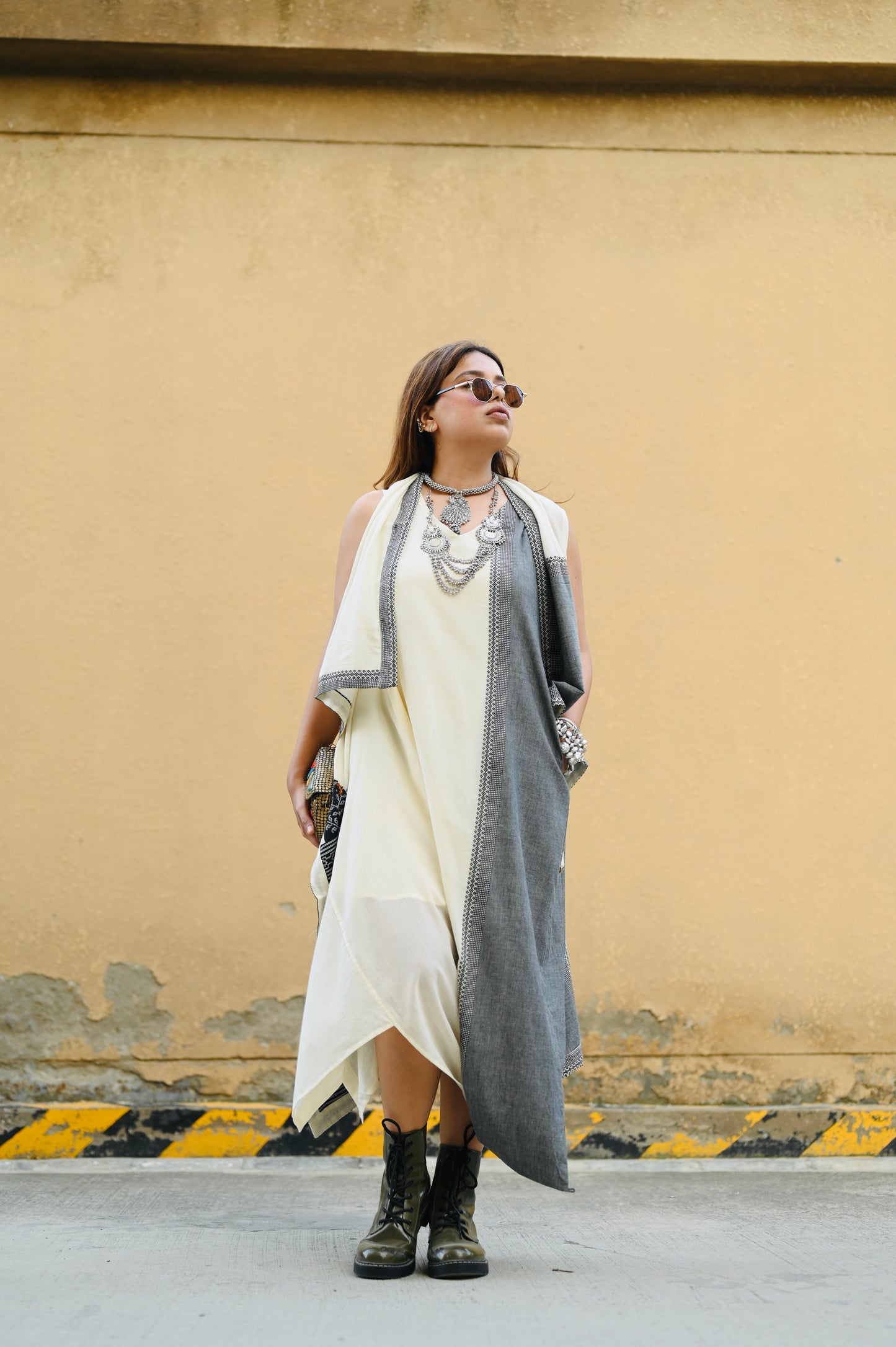 Premium Ivory Asymmetric Flowy Dress with Dual-Tone Ethnic Overlay
