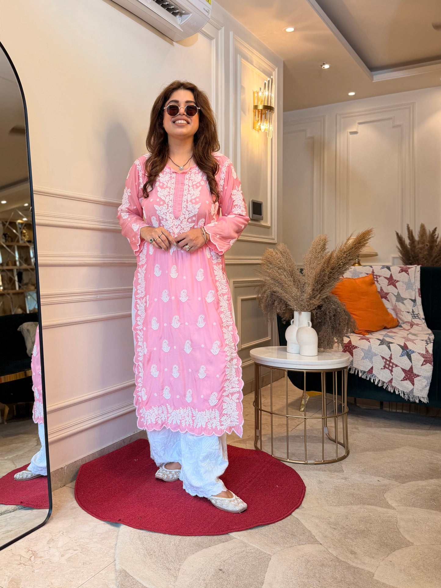 Hand embroidered 6D Chikankari Kurta | Mul Chanderi | Pink