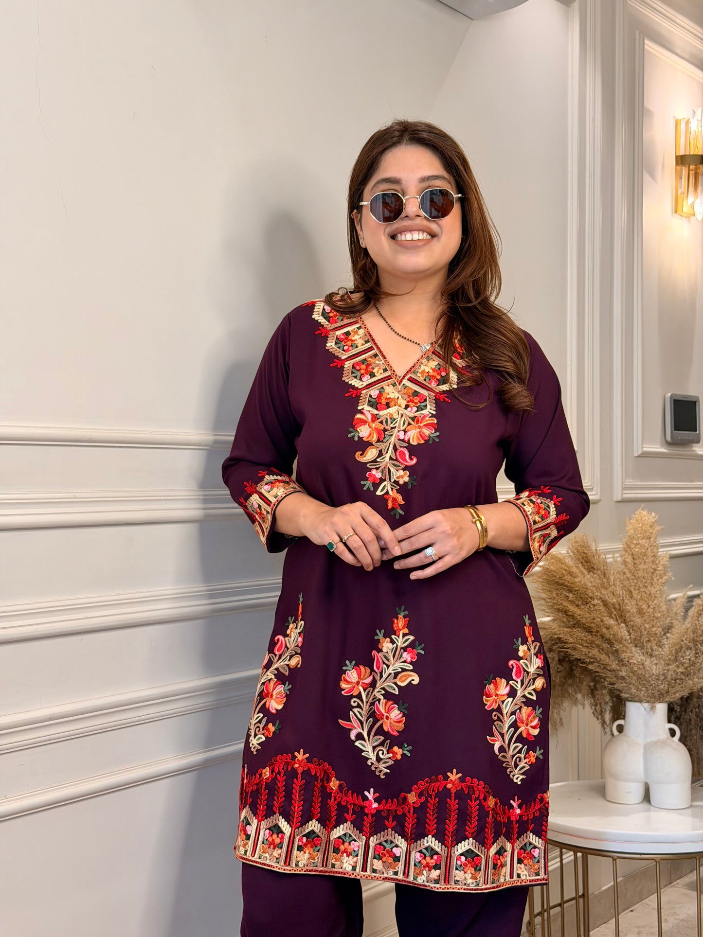 Cotton Kashmiri Emberoried Cordset- wine colour
