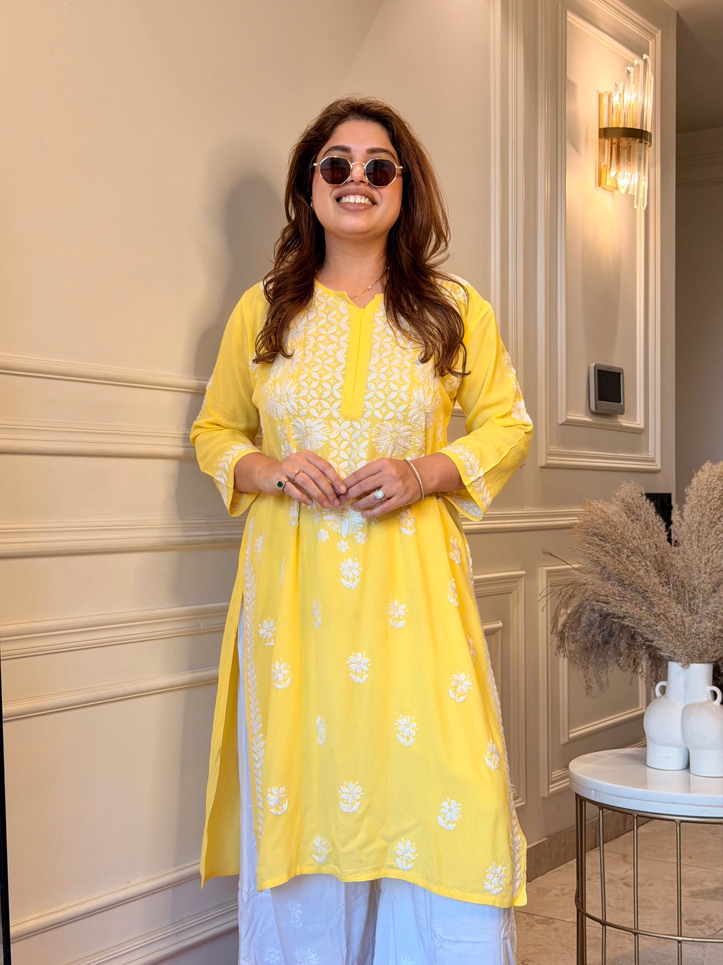Hand Embroidered Chikankari Kurta | Modal |Yellow