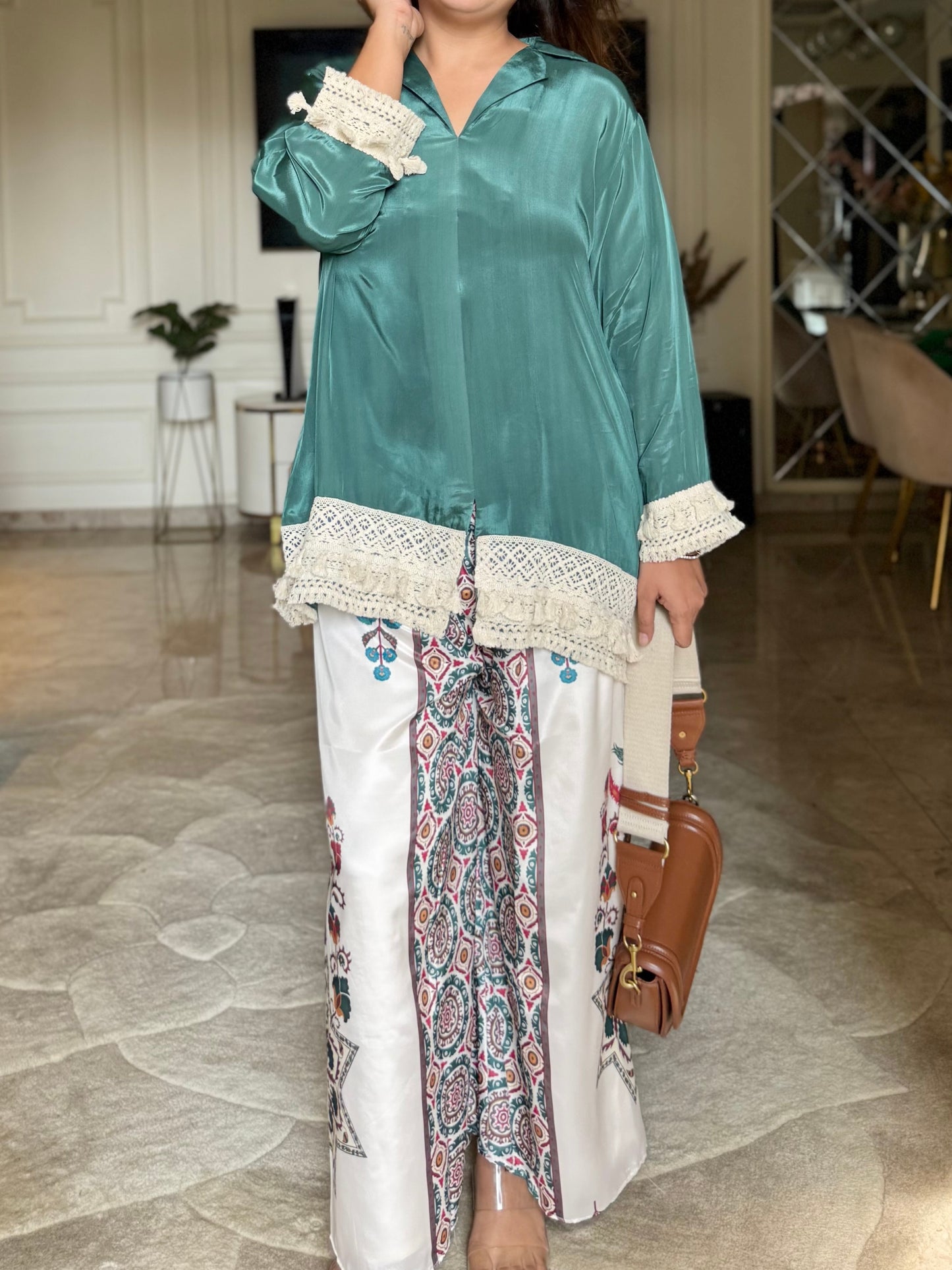 Boho Grace Co-ord Set – Emerald & Ivory Fusion-Plus Size