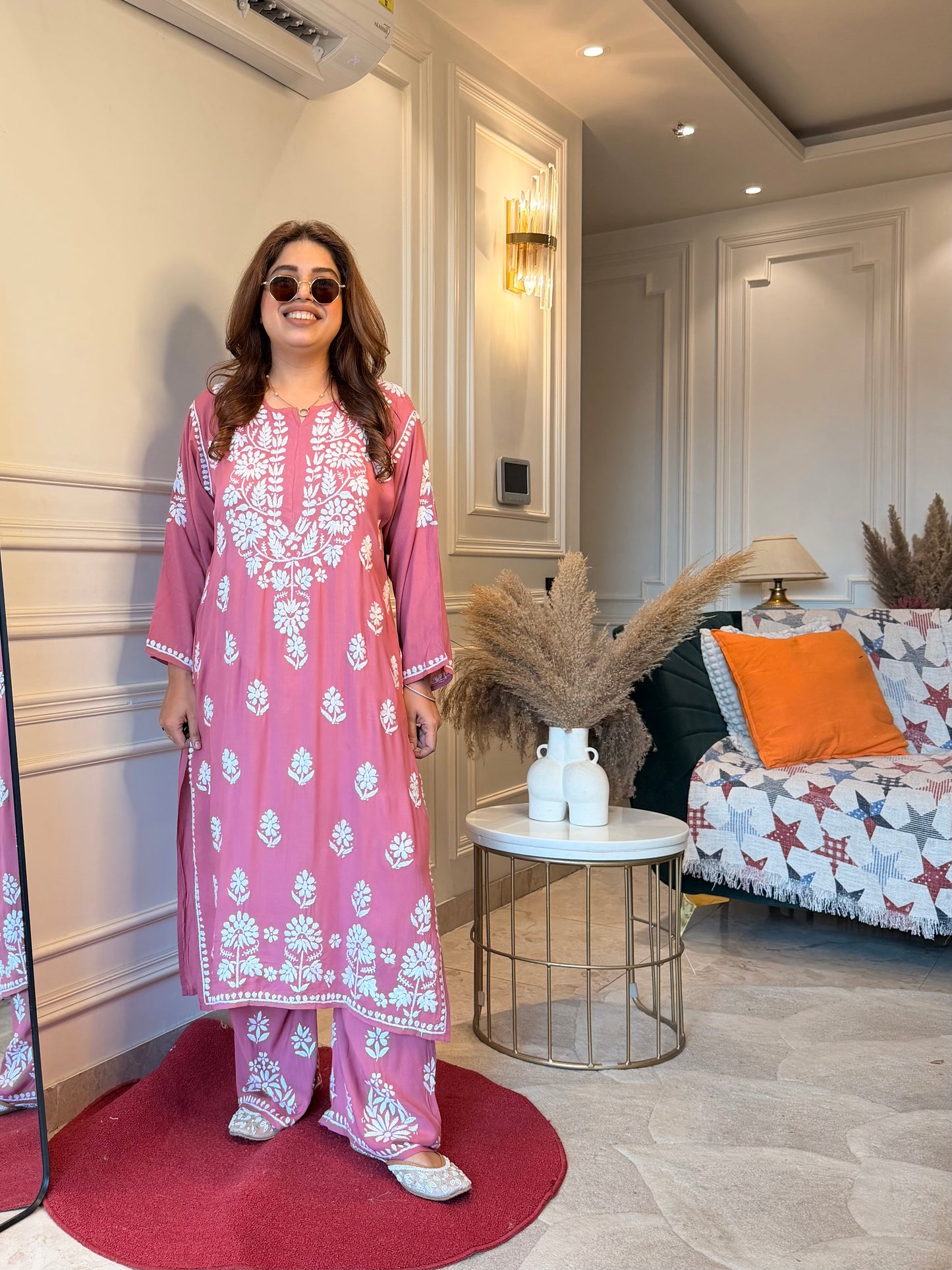 Hand Embroidered Chikankari Kurta set | Modal | Peach Blossom