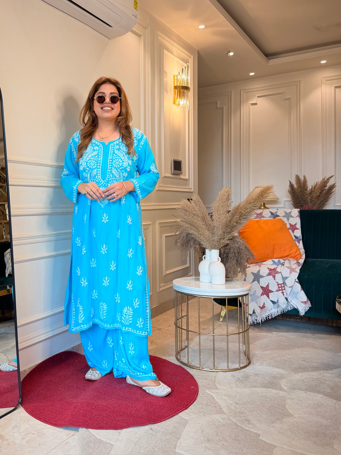 Hand Embroidered Chikankari Kurta set | Modal cotton | Frozi Blue