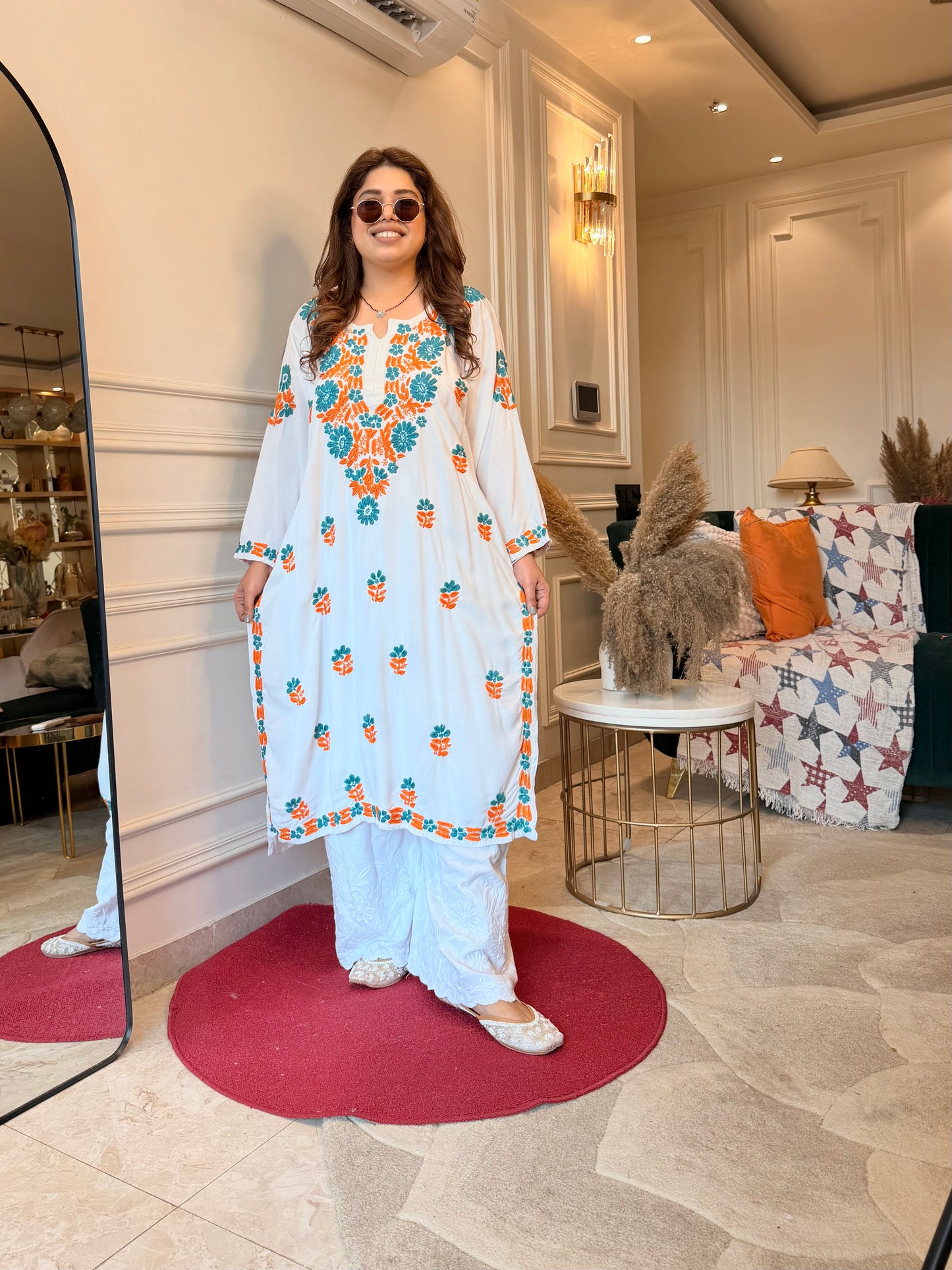 Hand embroidered Chikankari Kurta | Premium Cotton | White with Turquoise & Orange