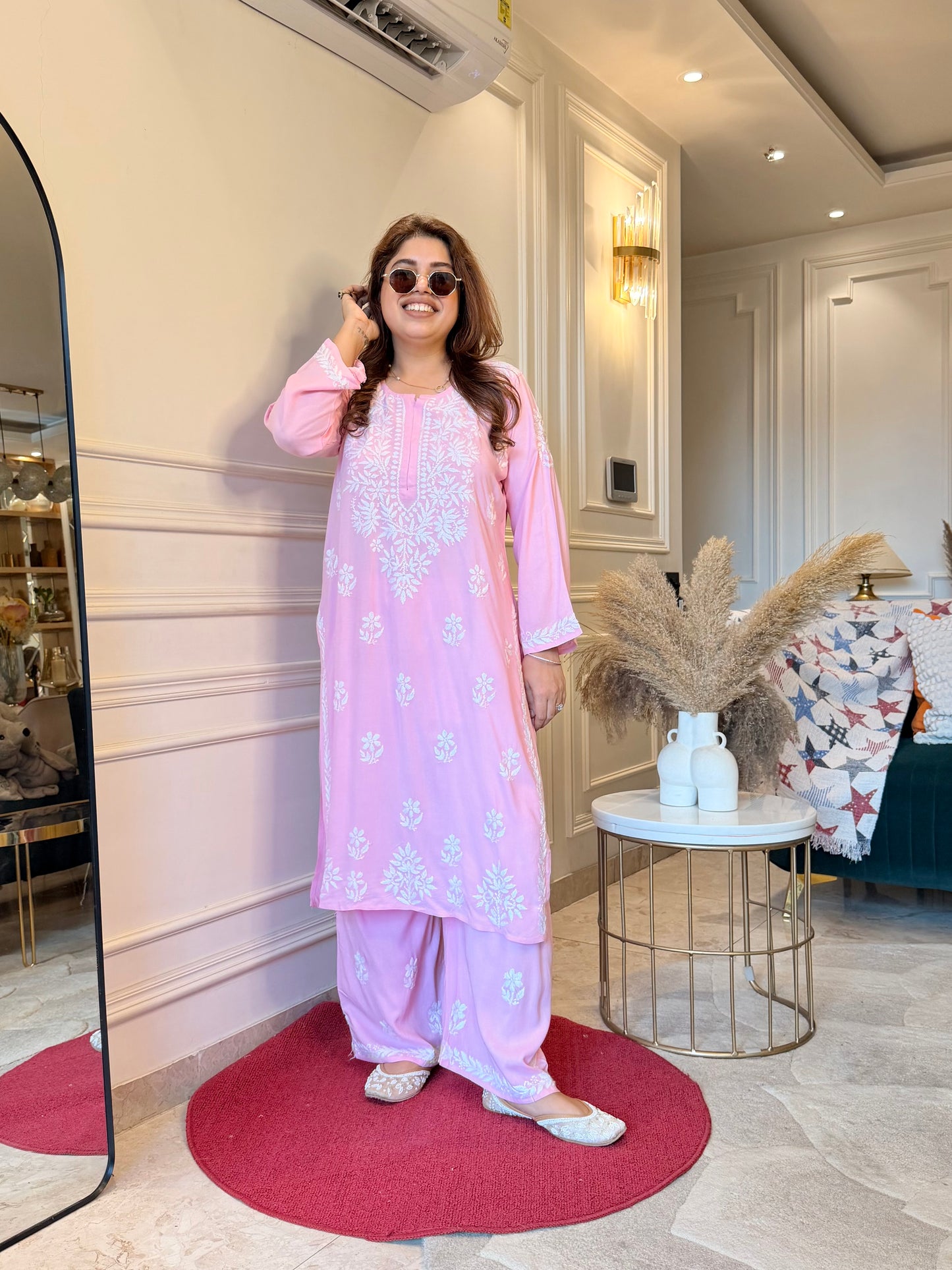 Hand Embroidered Chikankari Kurta set | Modal | Pink