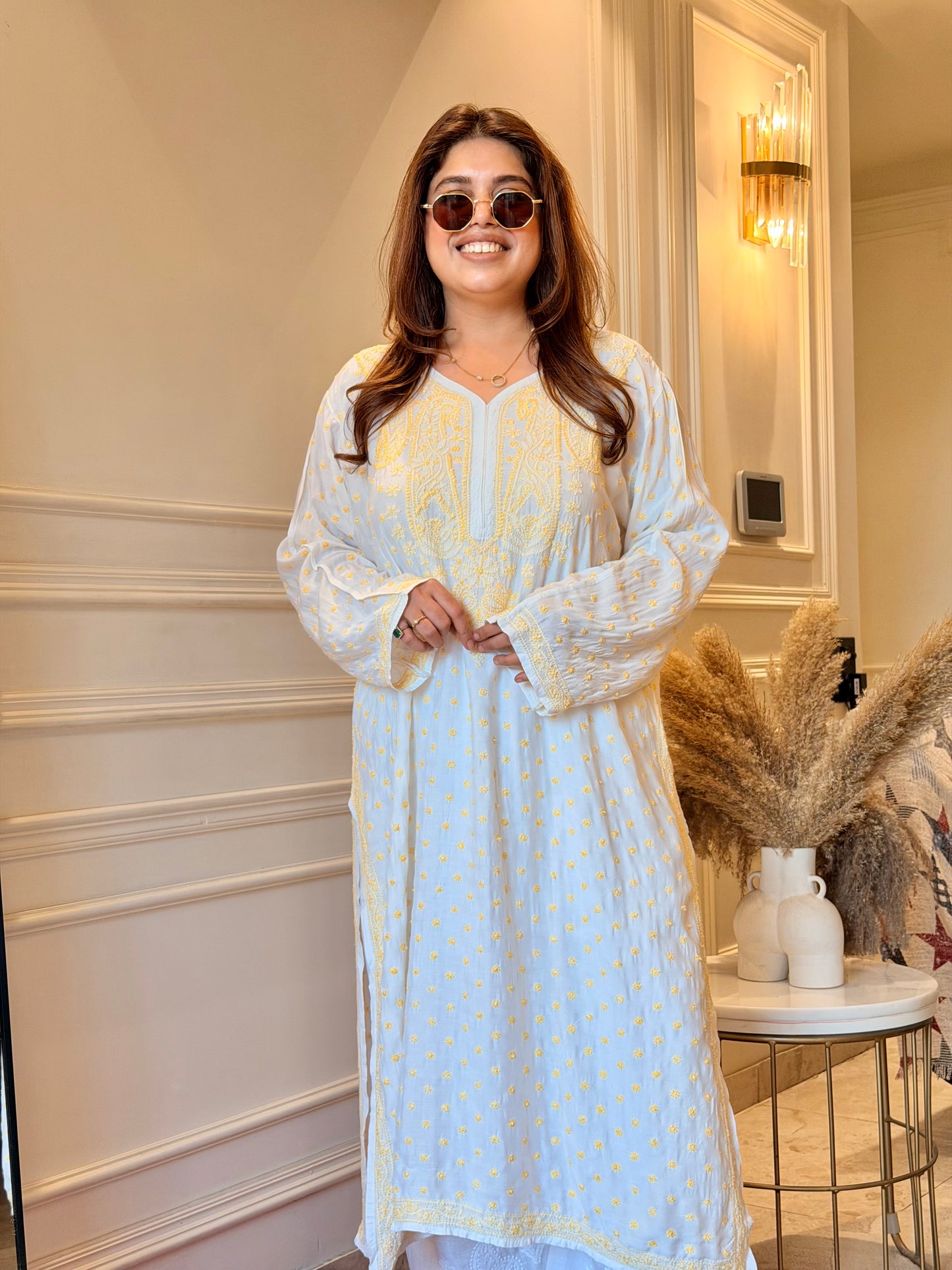 Hand Embroidered Chikankari Kurta | Mul Chanderi | white with Yellow | Plus Size