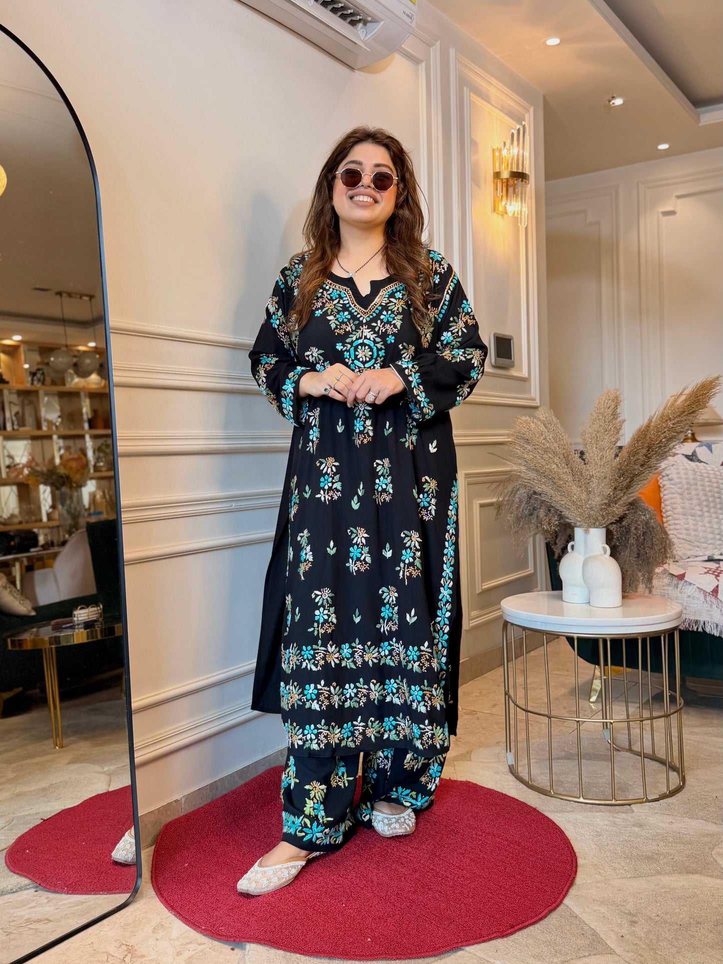 Hand Embroidered Chikankari Kurta set | Modal | Black with Blue