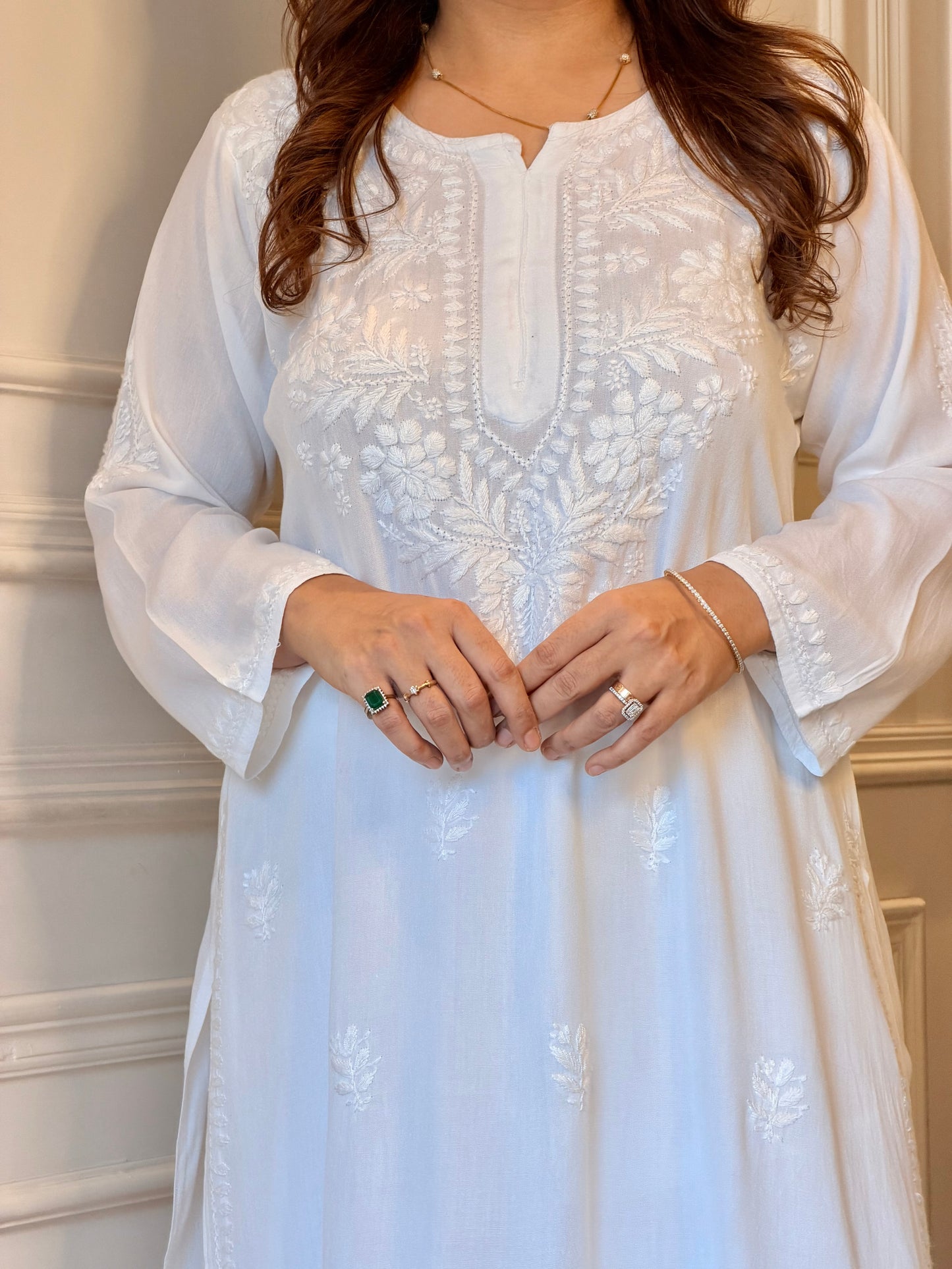 Hand Embroidered Chikankari Kurta set | Modal | white with Shimmer Detailing