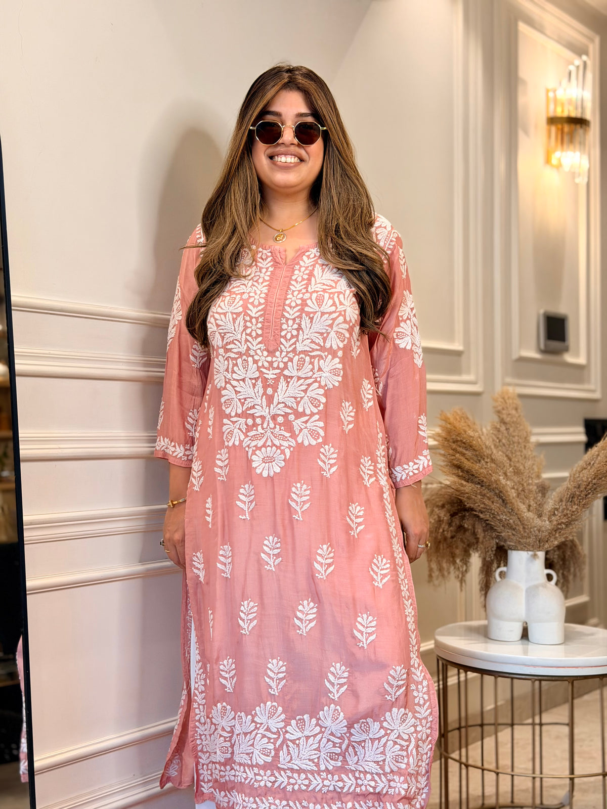 Hand Embroidered 3D Chikankari Kurta | Mul Chanderi | Dusty Pink