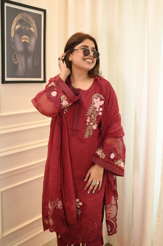 Exclusive Rosy Maroon Embroidered Lawn Suit Collection | Sizes M to 2XL